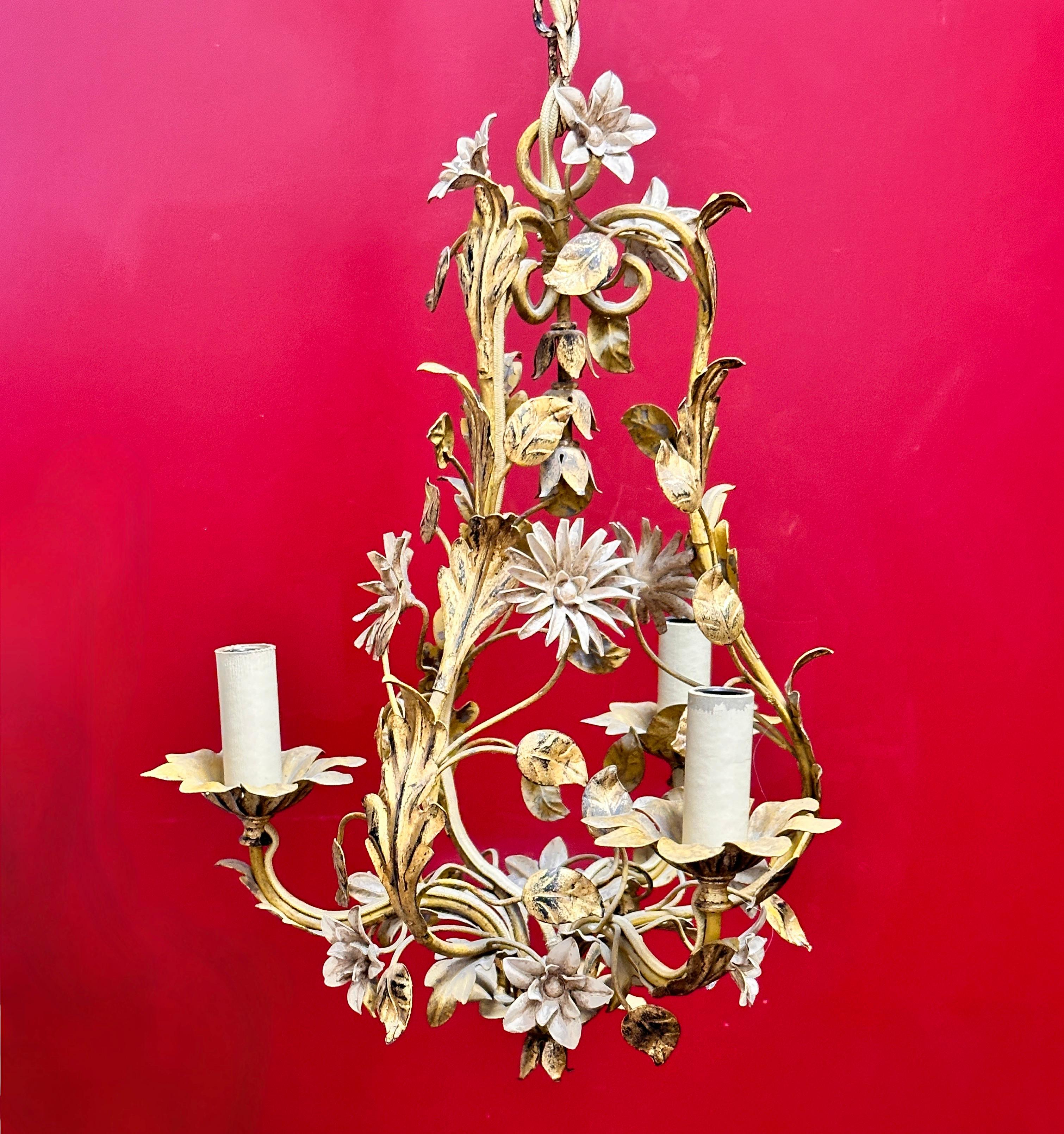 Metal Beautiful Italian Tole Florentine Florence Gilt Flower Coco Chanel Chandelier