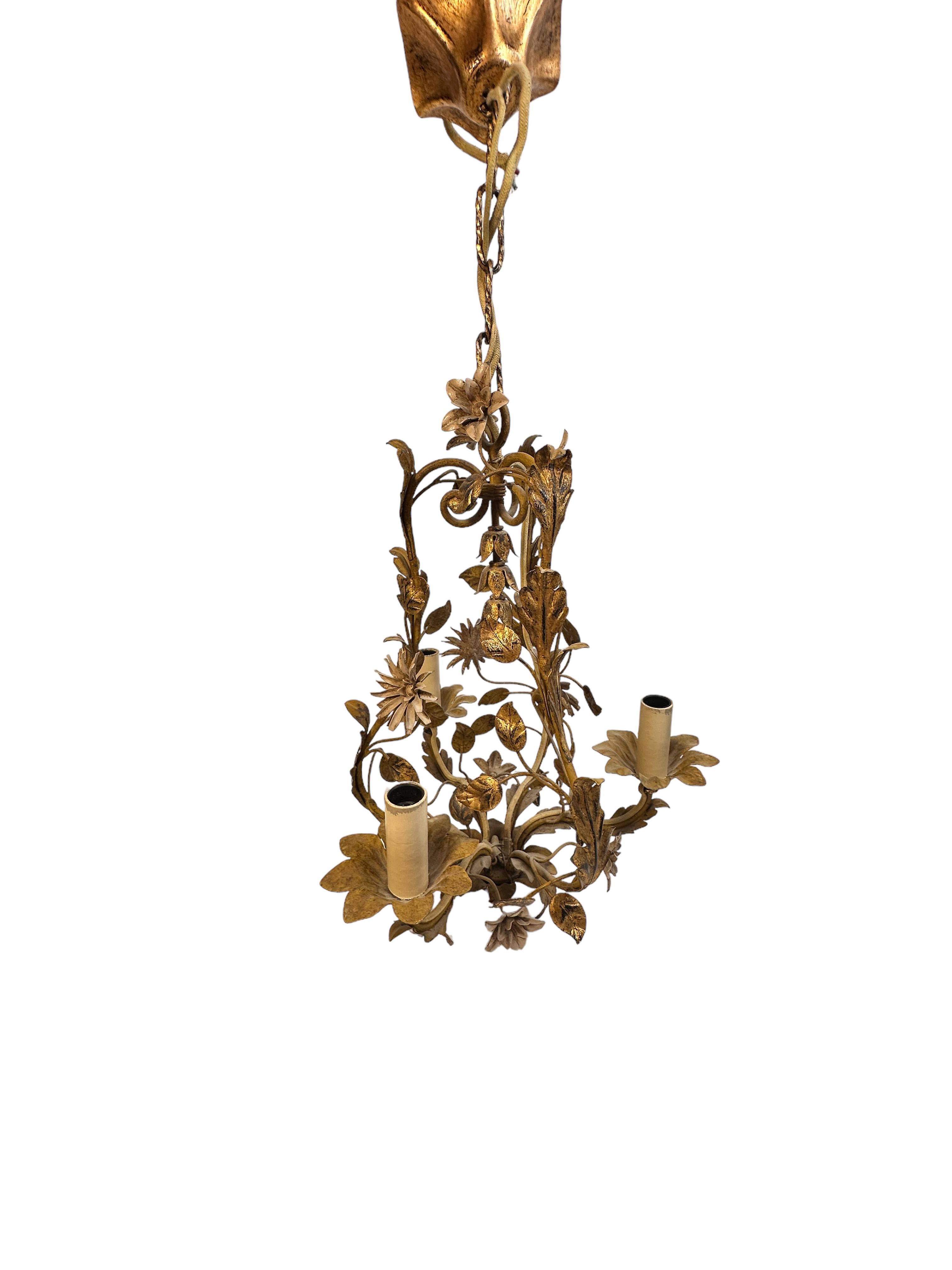 Beautiful Italian Tole Florentine Florence Gilt Flower Coco Chanel Chandelier 2