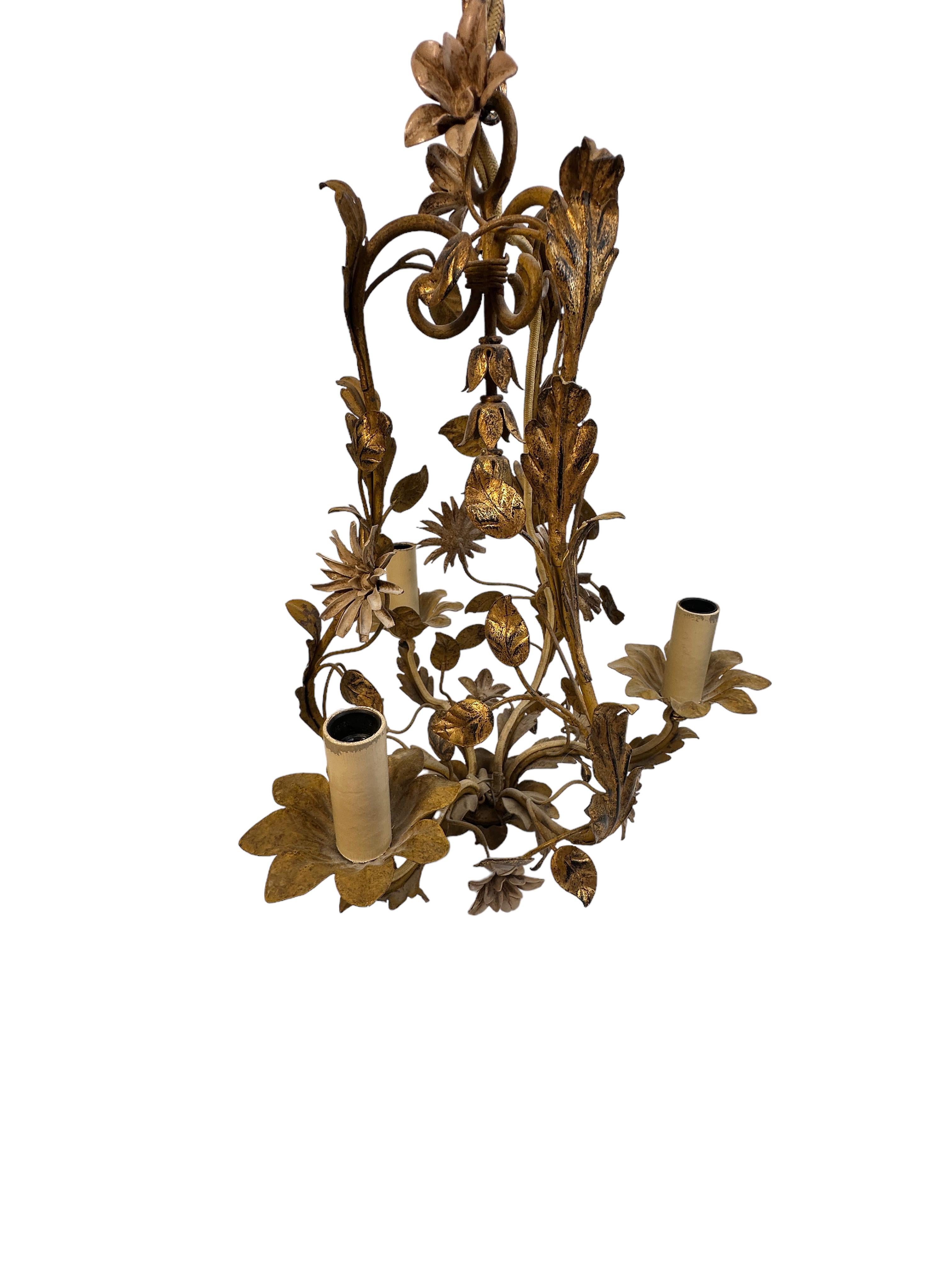 Beautiful Italian Tole Florentine Florence Gilt Flower Coco Chanel Chandelier 3