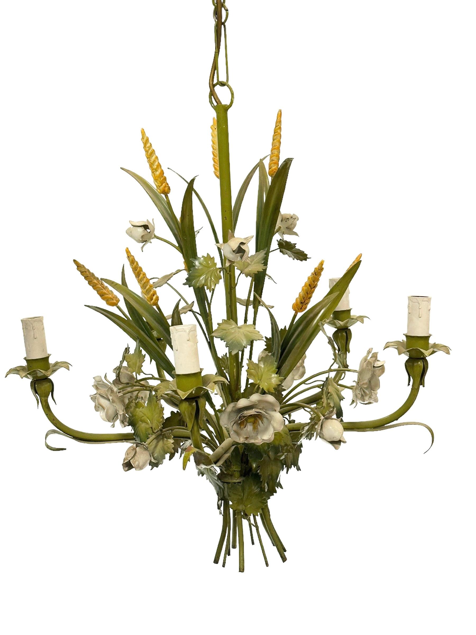 Petite Florentine style five-light chandelier. Functions as is with 5 E14 / 110 Volt light bulbs. Can take up to 40 Watts each bulb. Beautiful colored metal grasses, flowers and leaves chandelier. It gives a very warm light and represents the