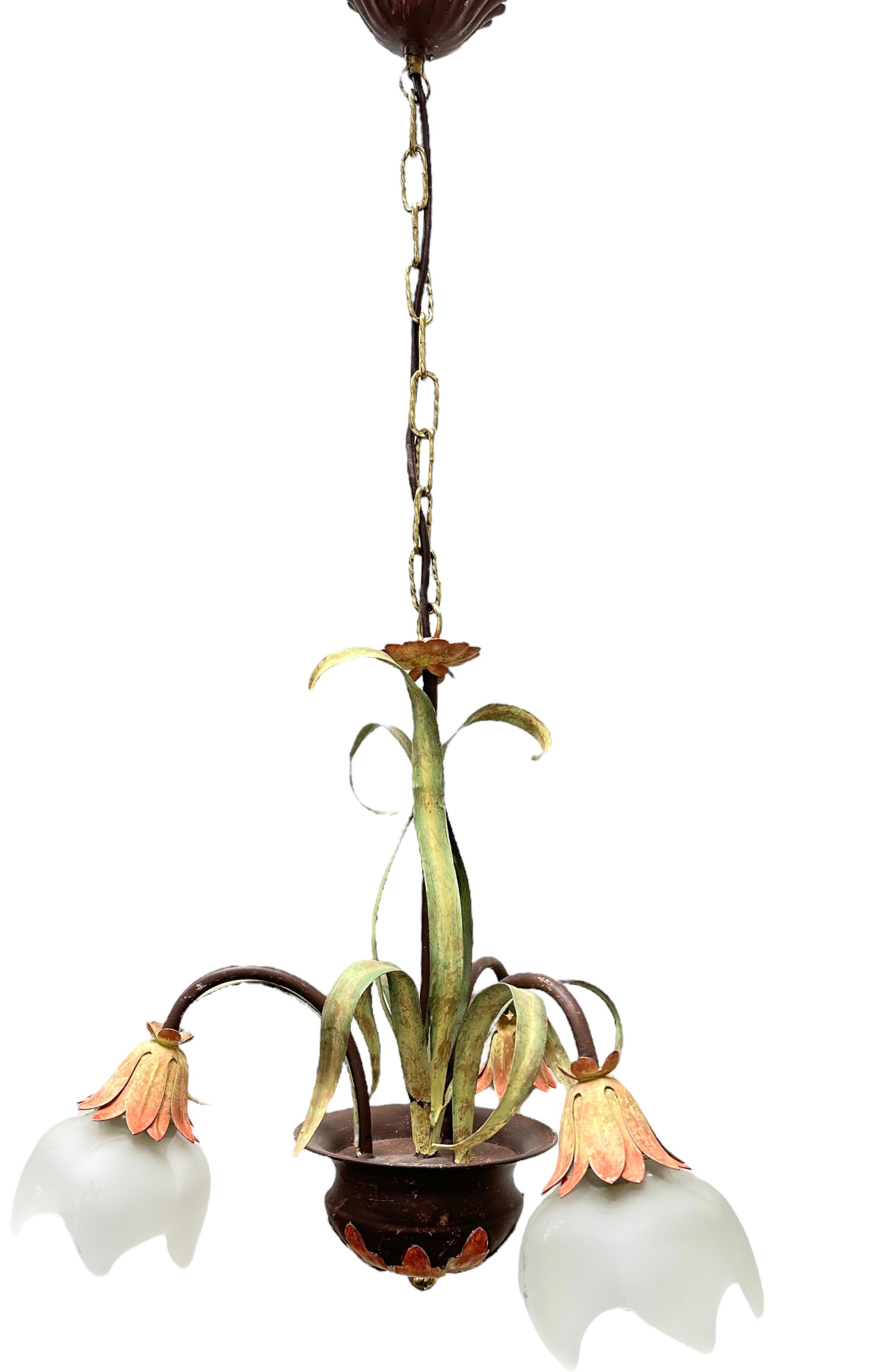 Late 20th Century Beautiful Italian Tole Florentine Florence Three Light Chandelier, 1970s For Sale
