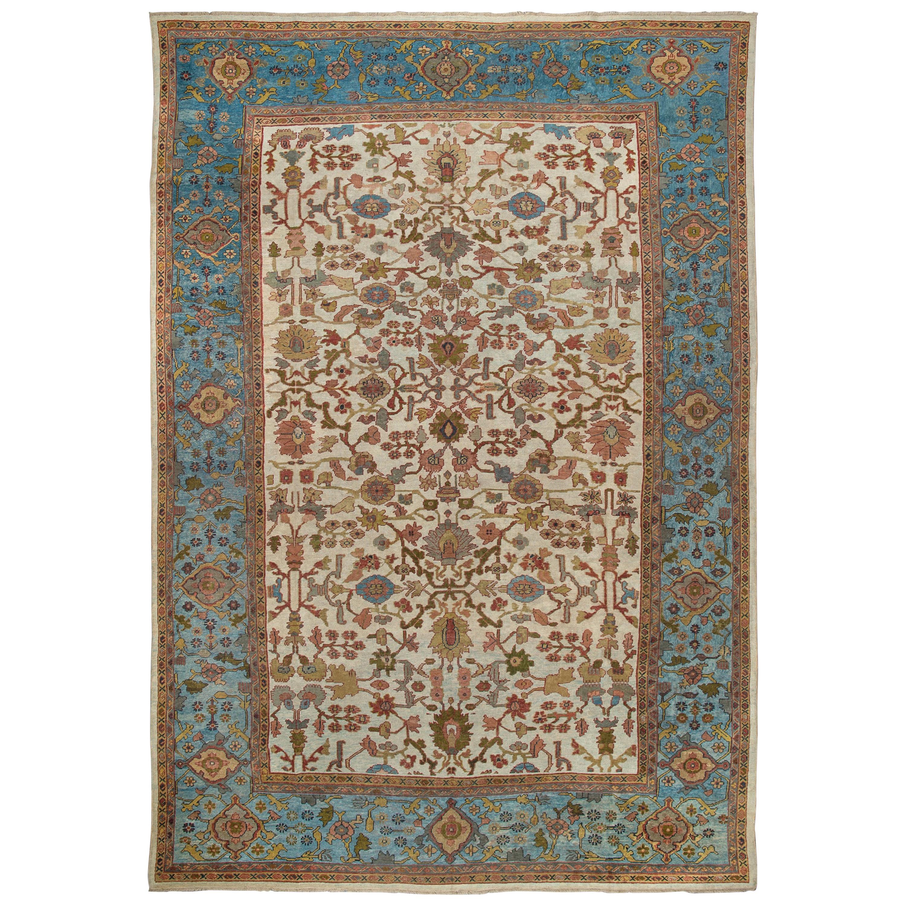 Magnifique tapis persan ancien Mahal ivoire et bleu ciel
