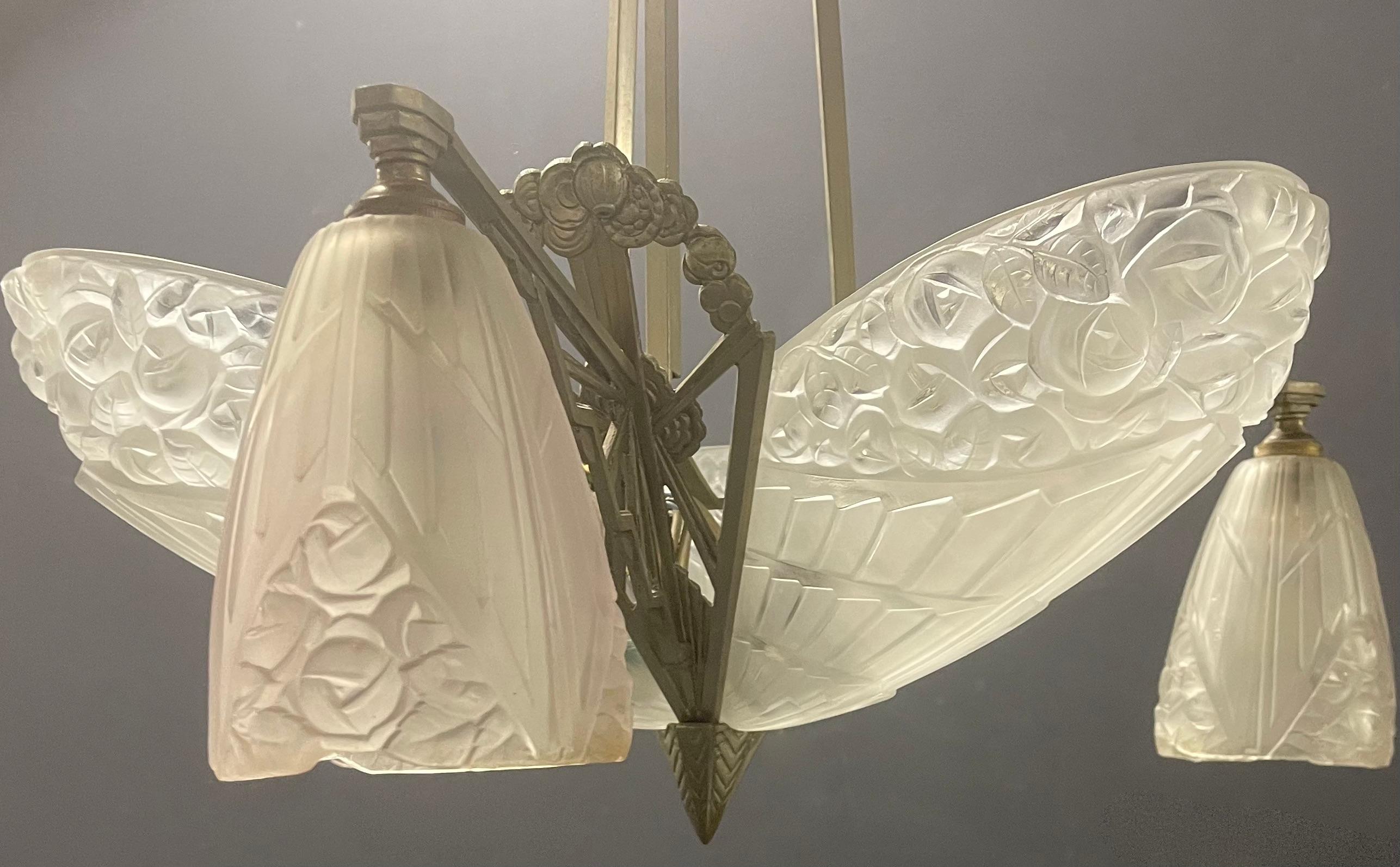 Plated beautiful j. robert signed french art deco chandelier For Sale