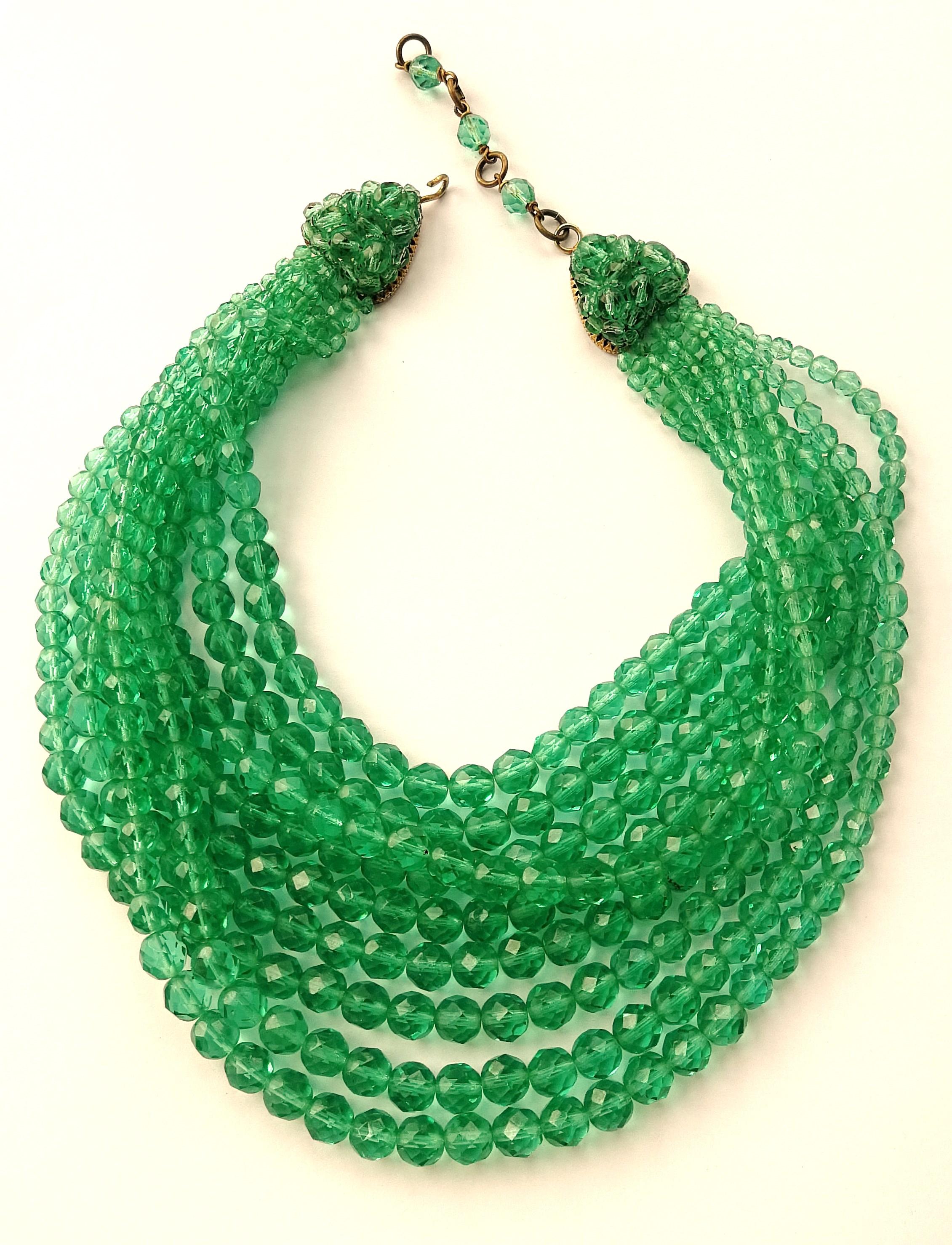 Such a refreshing and beautiful colour! Sea green, jade green, the most perfect hue for the advancing Summer, perfect for this glorious Spring. Made of nine rows of graduated half crystal faceted Bohemian beads in Italy by Coppola e Toppo, attached
