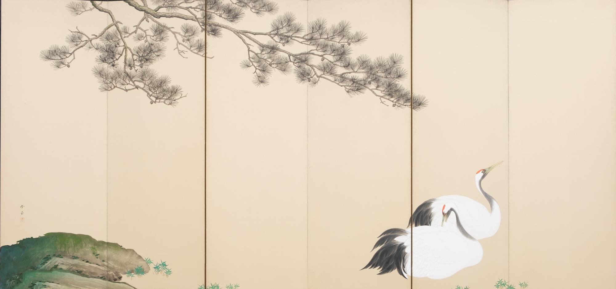 A very beautiful large six-panel byôbu (room-divider) with a refined polychrome painting on paper of a pine tree (matsu) and two cranes (tsuru). 
In Japanese culture, the pine tree is known to represent longevity, good fortune and steadfastness. The