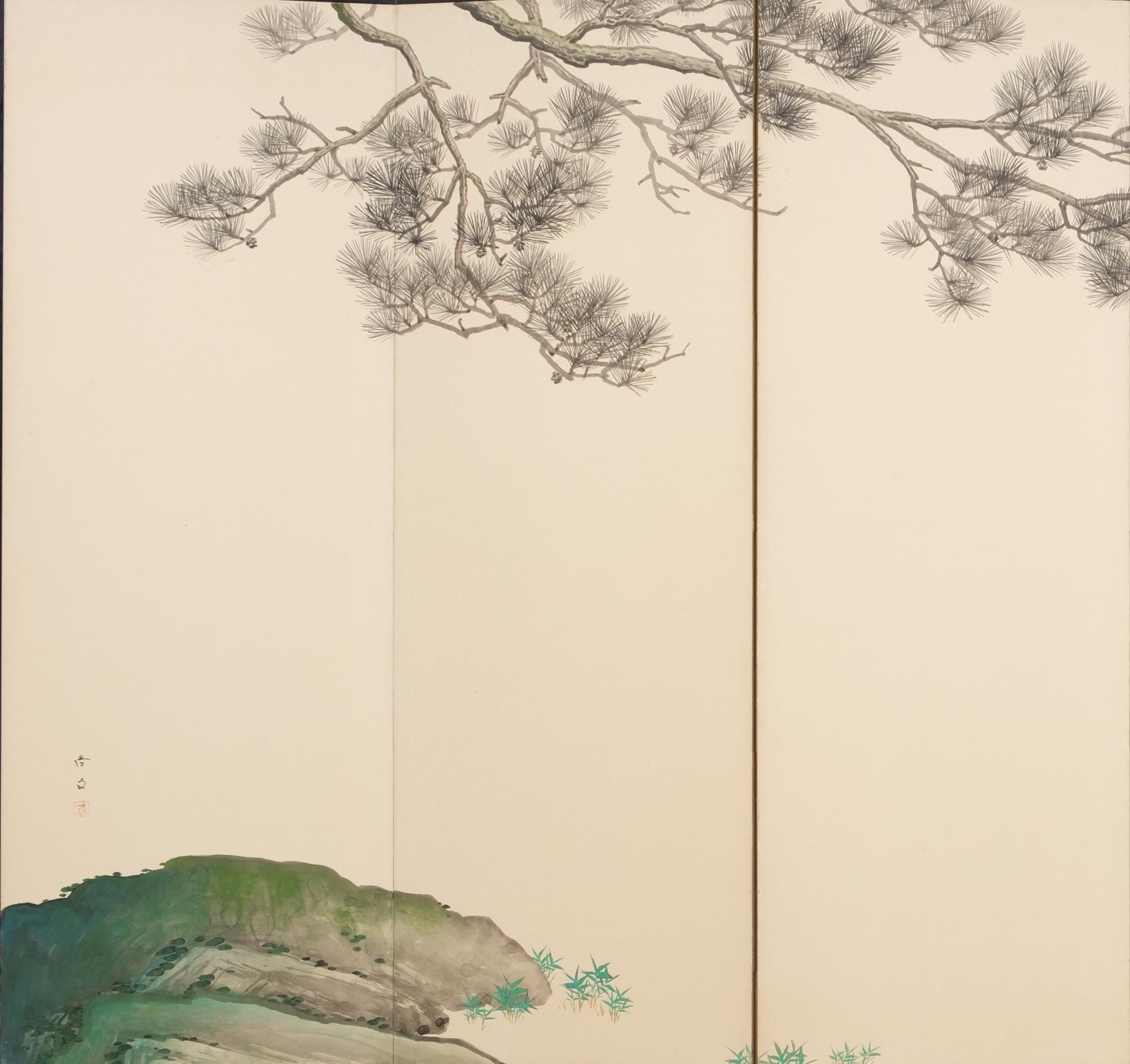 Beautiful Japanese large 6-panel byôbu 屏風 with cranes 鶴 and pine tree 松, signed In Good Condition In Amsterdam, NL