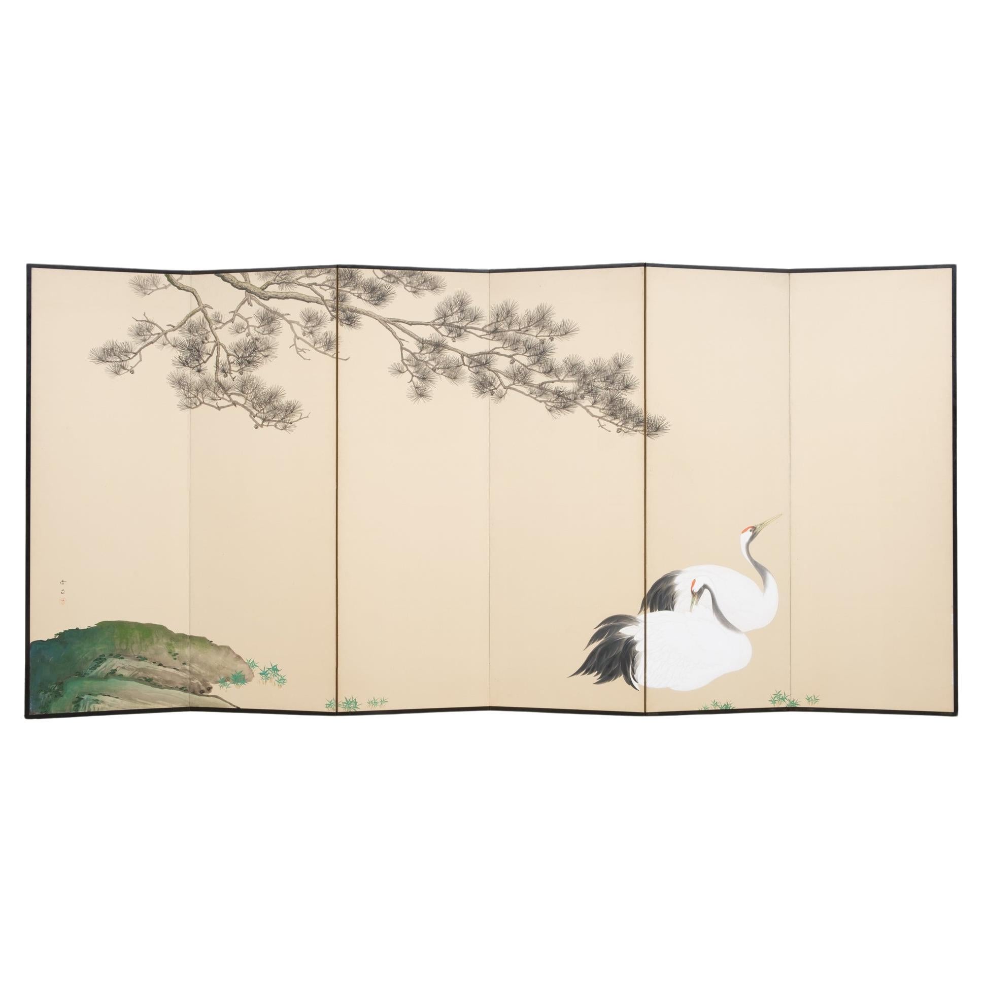 Beautiful Japanese large 6-panel byôbu 屏風 with cranes 鶴 and pine tree 松, signed For Sale