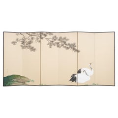 Beautiful Japanese large 6-panel byôbu 屏風 with cranes 鶴 and pine tree 松, signed