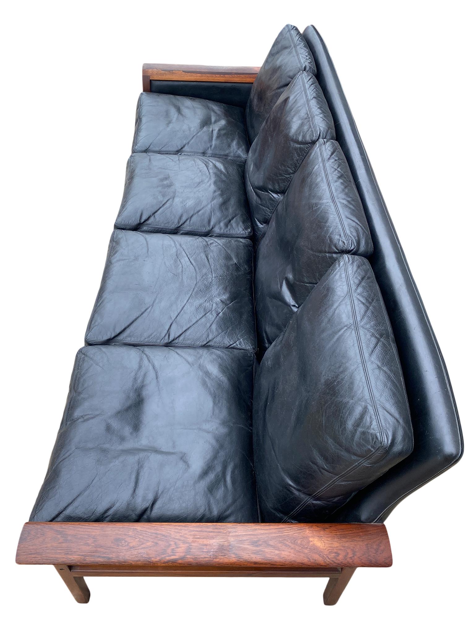Beautiful Knut Saeter for Vatne Mobler Black Leather and Rosewood Sofa 2