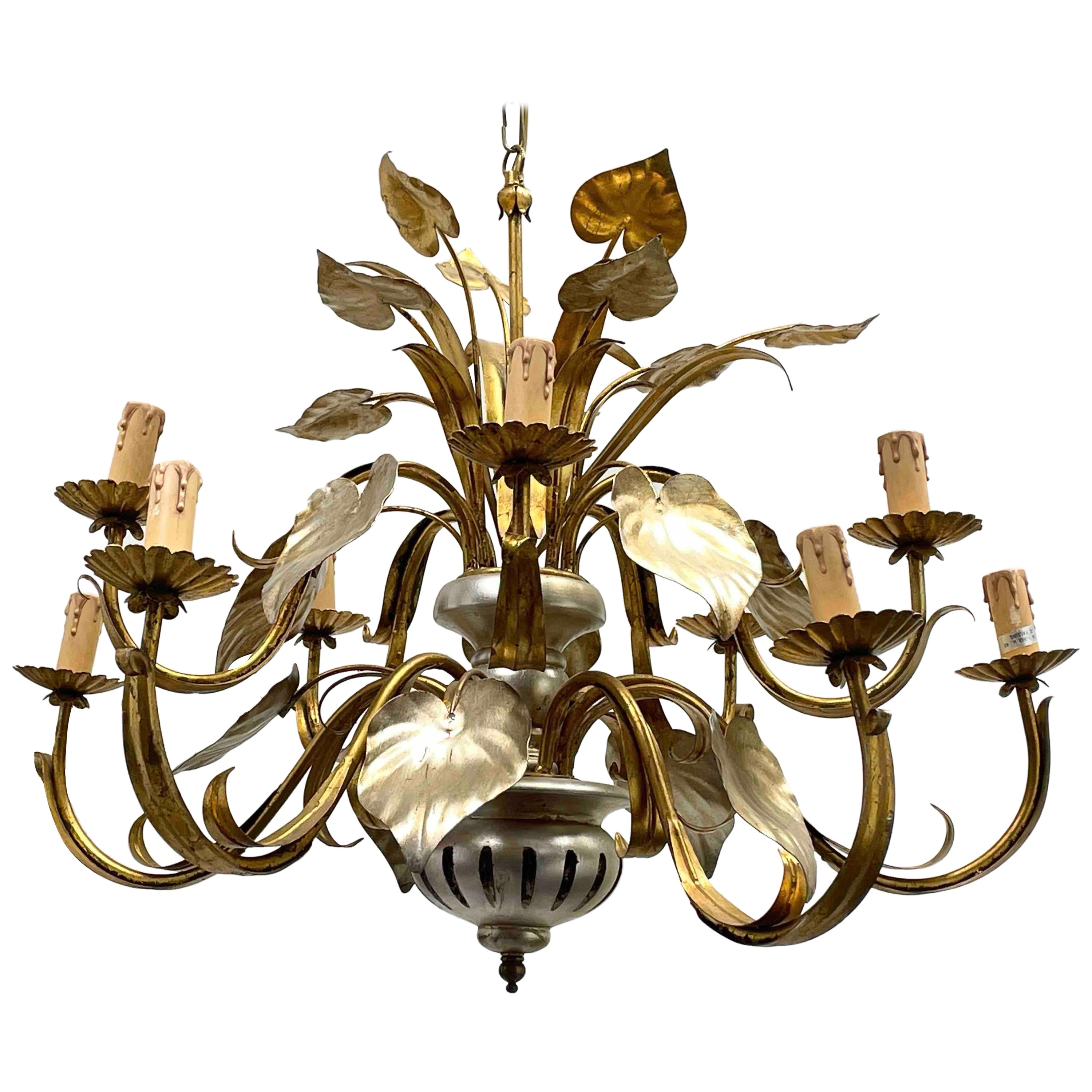 Bellissimo lampadario Kogl dorato e argentato Tole Hollywood Regency Koegel Germania in vendita