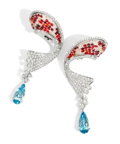 Stylish Earrings White Gold White Diamonds Aquamarine HandDecorated MicroMosaic