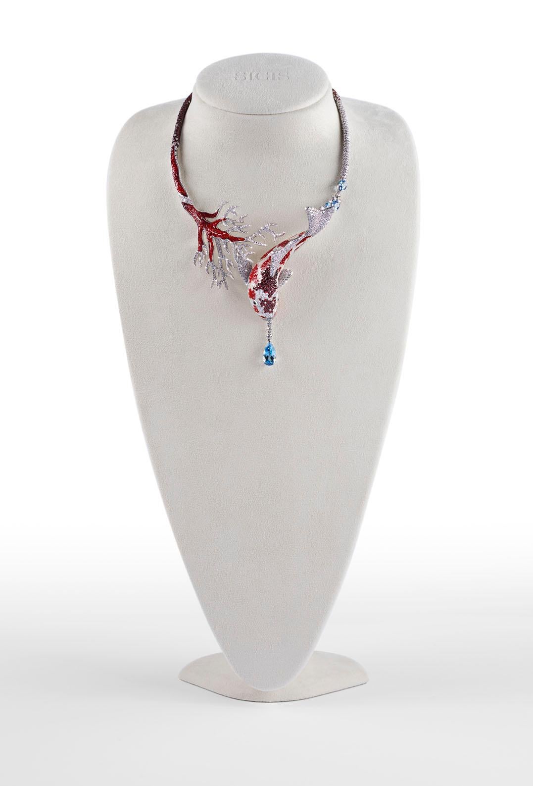 Necklace Gold White Diamonds Sapphires Aquamarine Mother of Pearl NanoMosaic In New Condition For Sale In London, GB