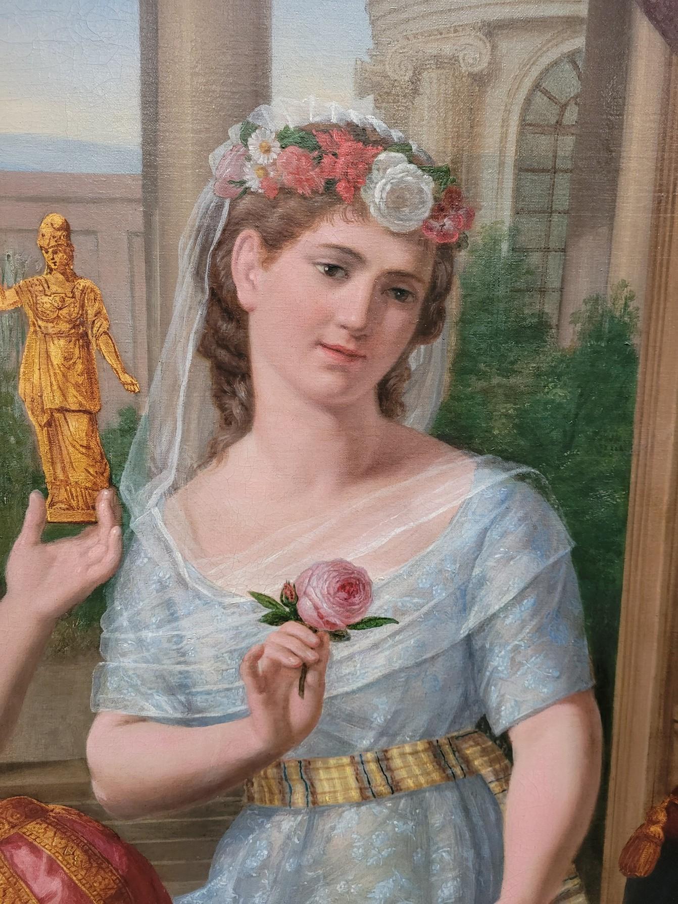 Sehr großes gerahmtes Öl auf Leinwand, das 3 schöne Damen in einem reichen Interieur zeigt.

Die Symbolik kann uns über die königliche Zugehörigkeit aufklären
die wichtigste Dame, in der Mitte, gekrönt mit Gold und Perlen, fast mit dem Rücken