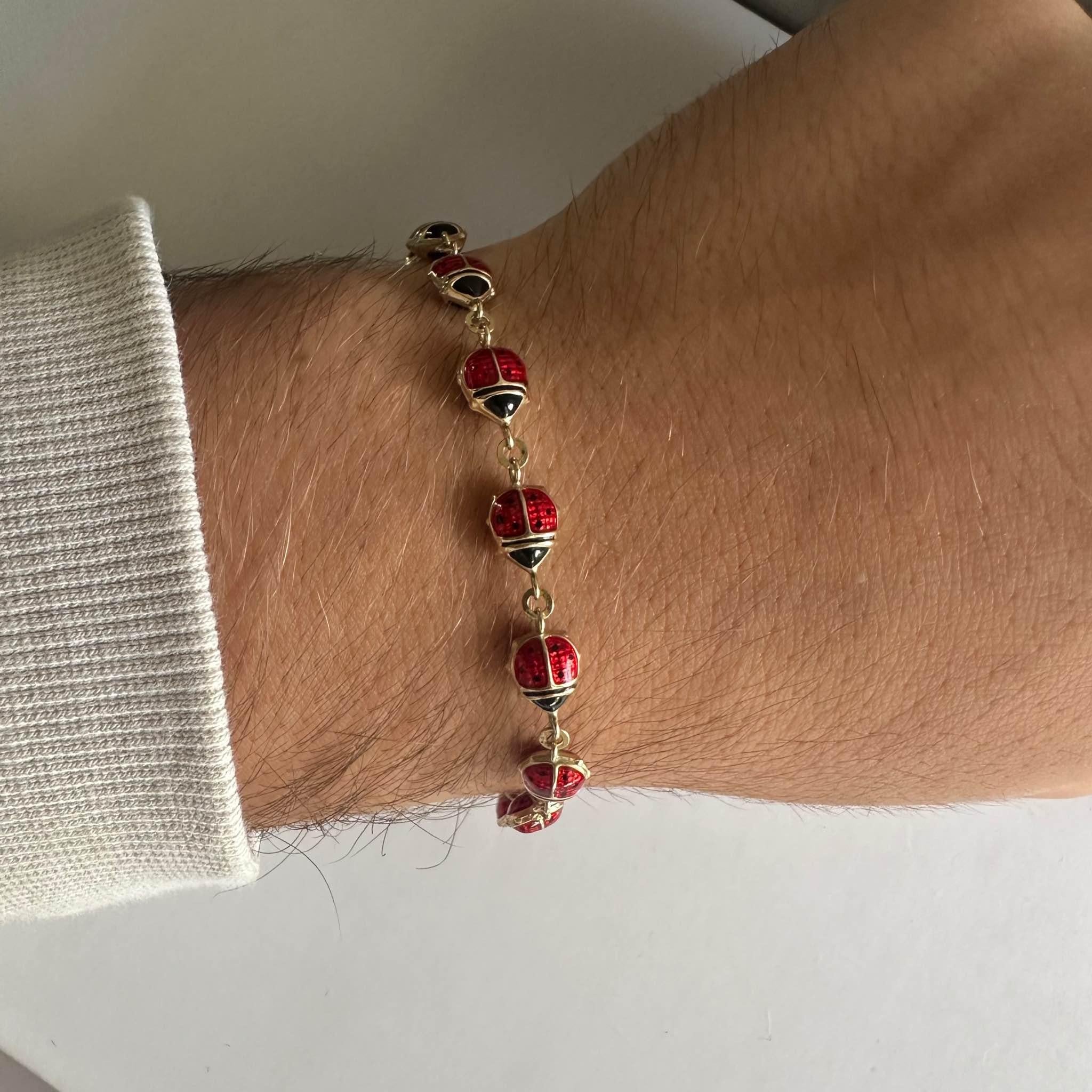 Women's or Men's Beautiful Lady Bug Enamel Bracelet in 14kt Yellow Gold - 7.5 Inches, New