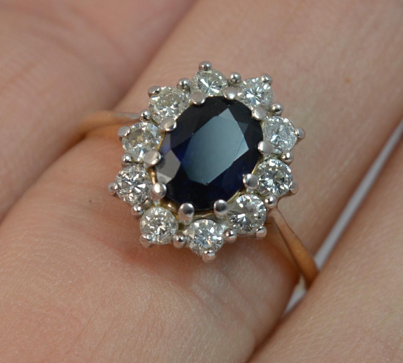Modern Beautiful Lady Diana Blue Sapphire and 0.60ct Diamond 18 Carat Gold Cluster Ring
