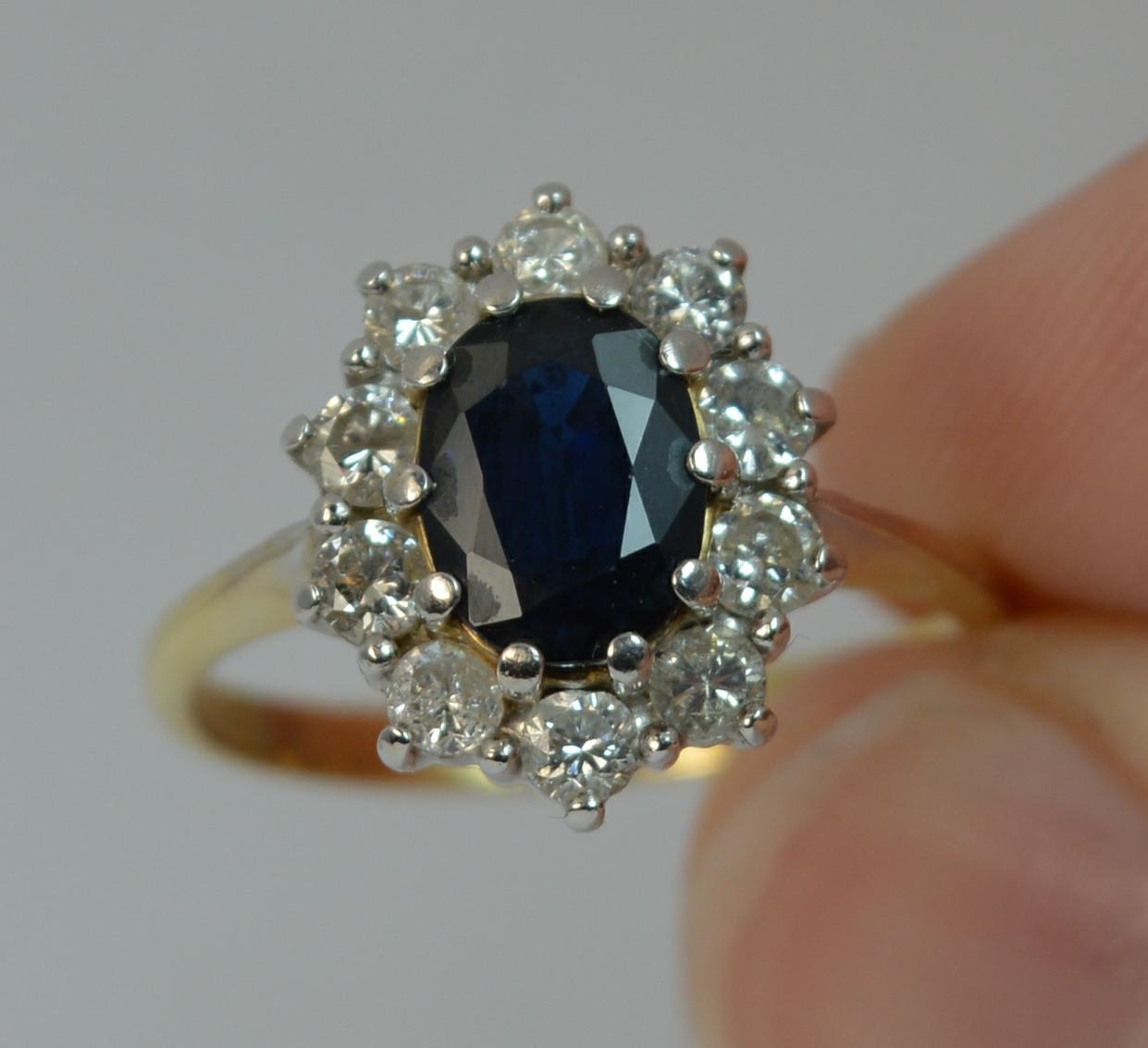 Women's Beautiful Lady Diana Blue Sapphire and 0.60ct Diamond 18 Carat Gold Cluster Ring