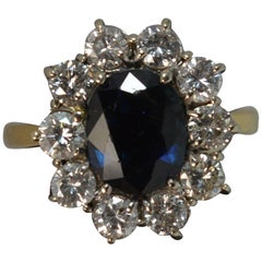 Beautiful Lady Diana Blue Sapphire & 1.00 Carat Diamond 18 Ct Gold Cluster Ring