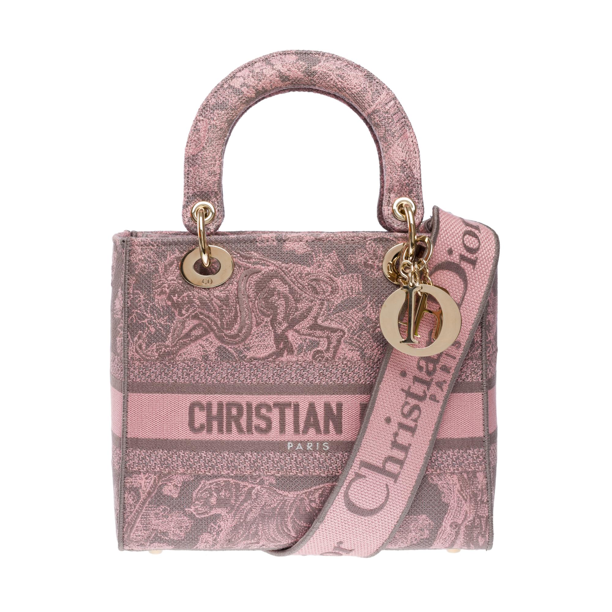 Gray Beautiful Lady Dior MM D-Lite in Pink/Grey Toile de Jouy Reverse motif, GHW For Sale