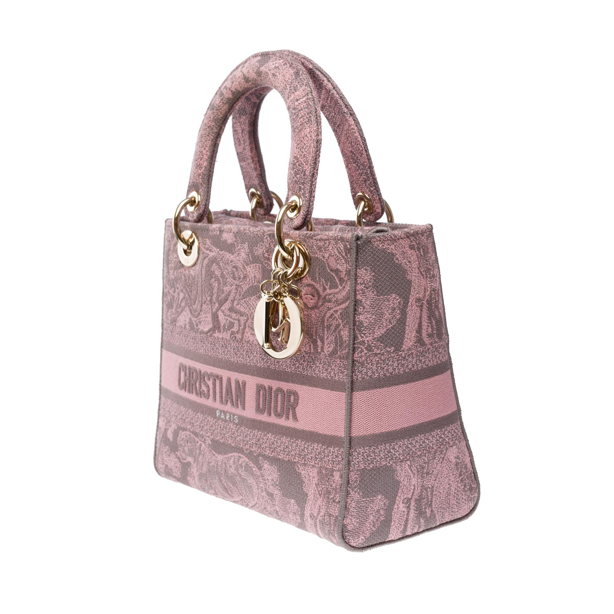 Women's Beautiful Lady Dior MM D-Lite in Pink/Grey Toile de Jouy Reverse motif, GHW For Sale
