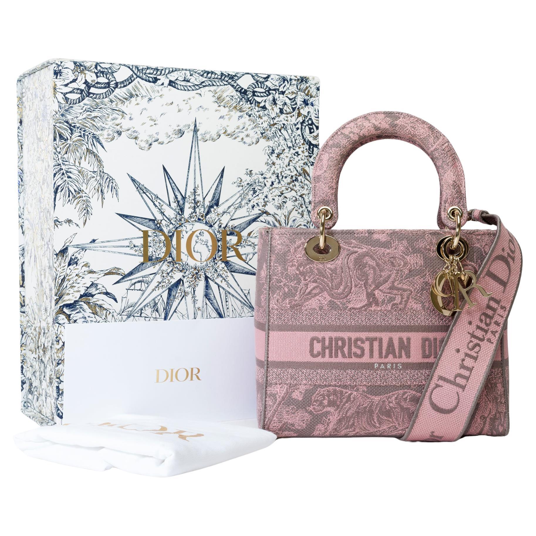Schone Lady Dior MM D Lite in Rosa Grau Toile de Jouy Hinterglasmotiv GHW im Angebot bei 1stDibs