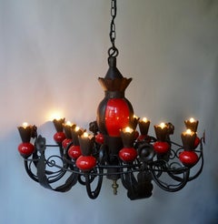 Beautiful Large 1950s Wrought Iron and Red Ceramic Chandelier