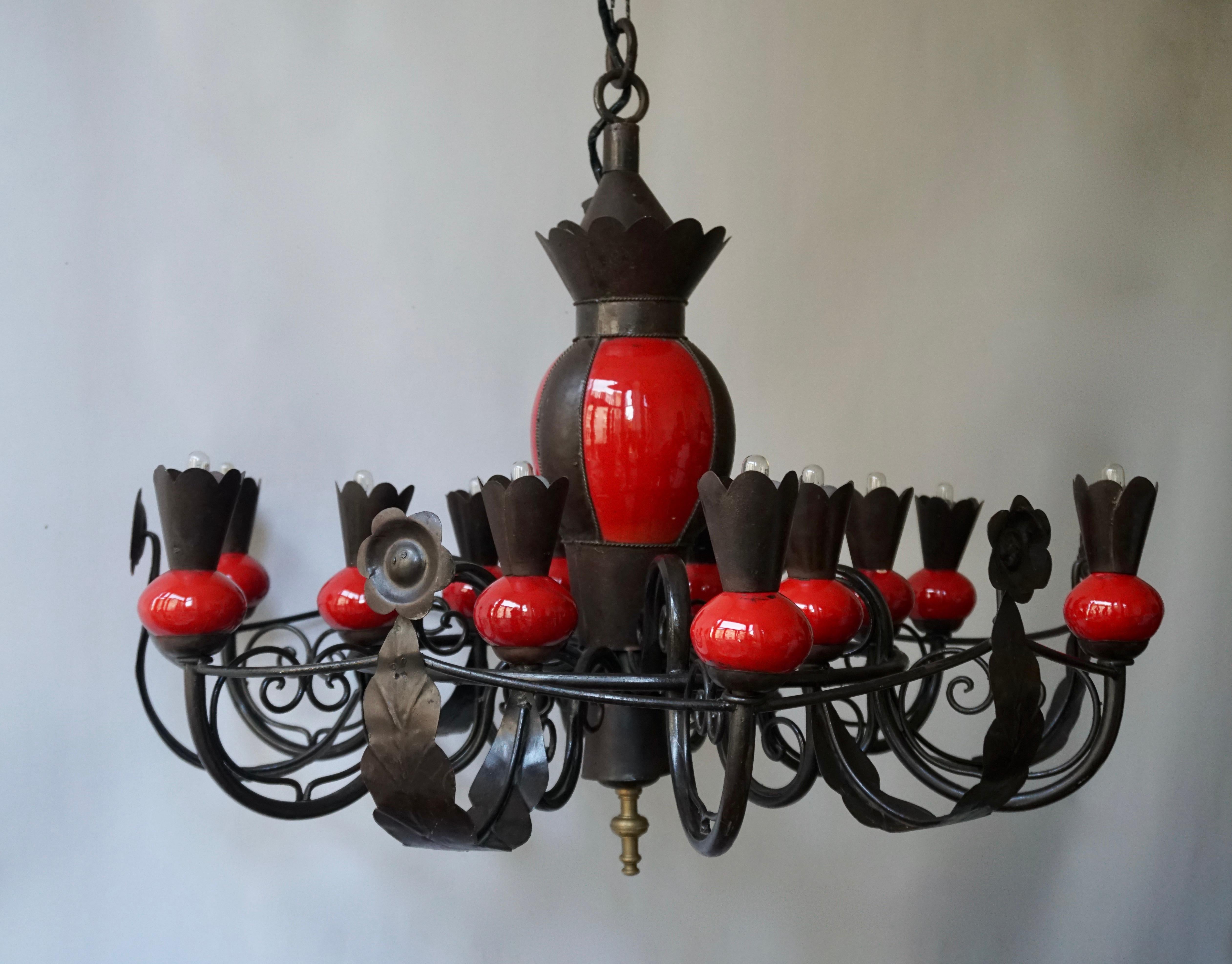 Mid-Century Modern Beautiful Large 1950s Wrought Iron and Red Ceramic Chandelier For Sale