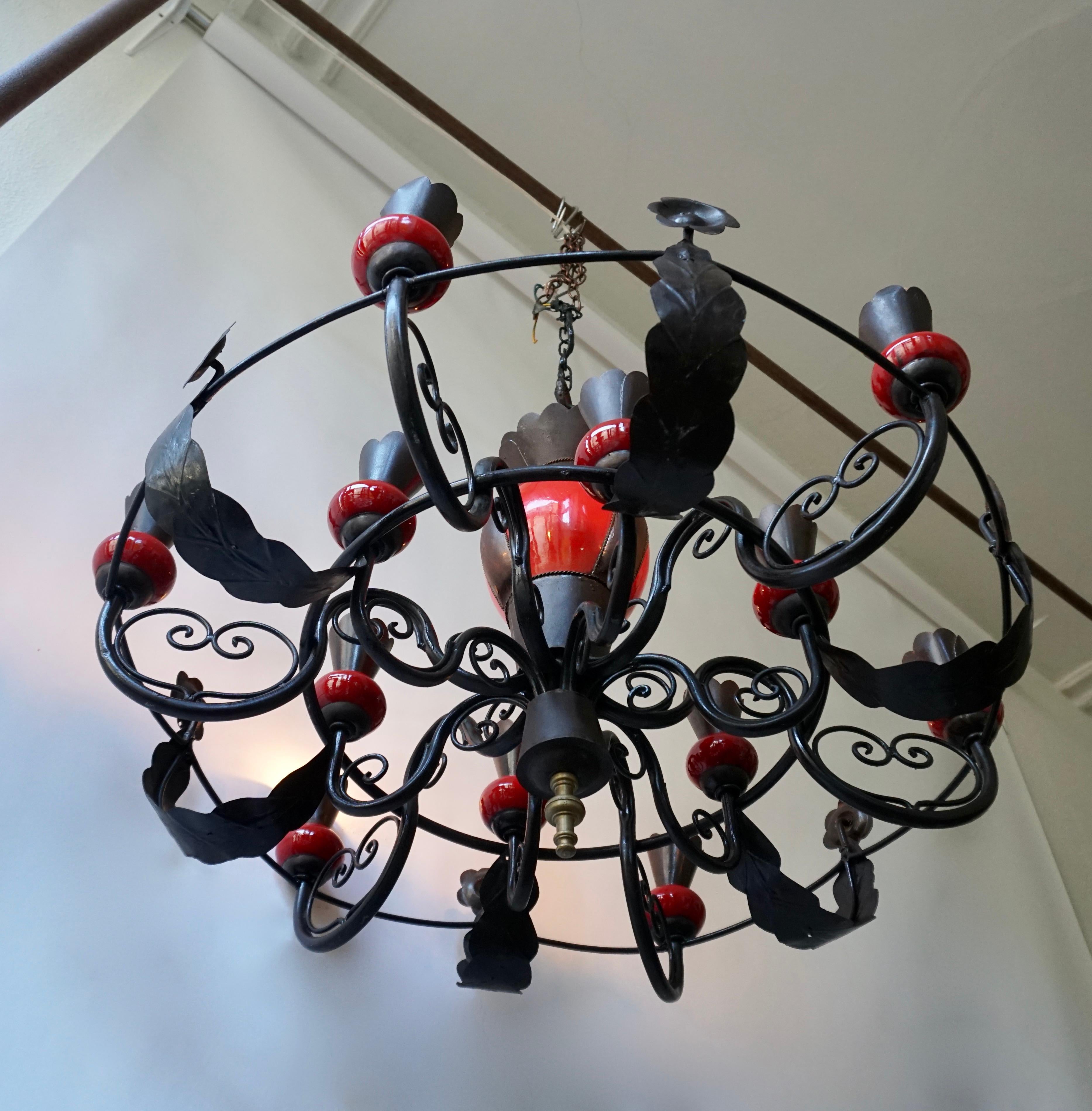 Belgian Beautiful Large 1950s Wrought Iron and Red Ceramic Chandelier For Sale