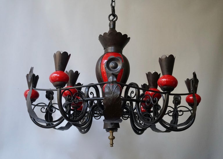Enameled Beautiful Large 1950s Wrought Iron and Red Ceramic Chandelier For Sale