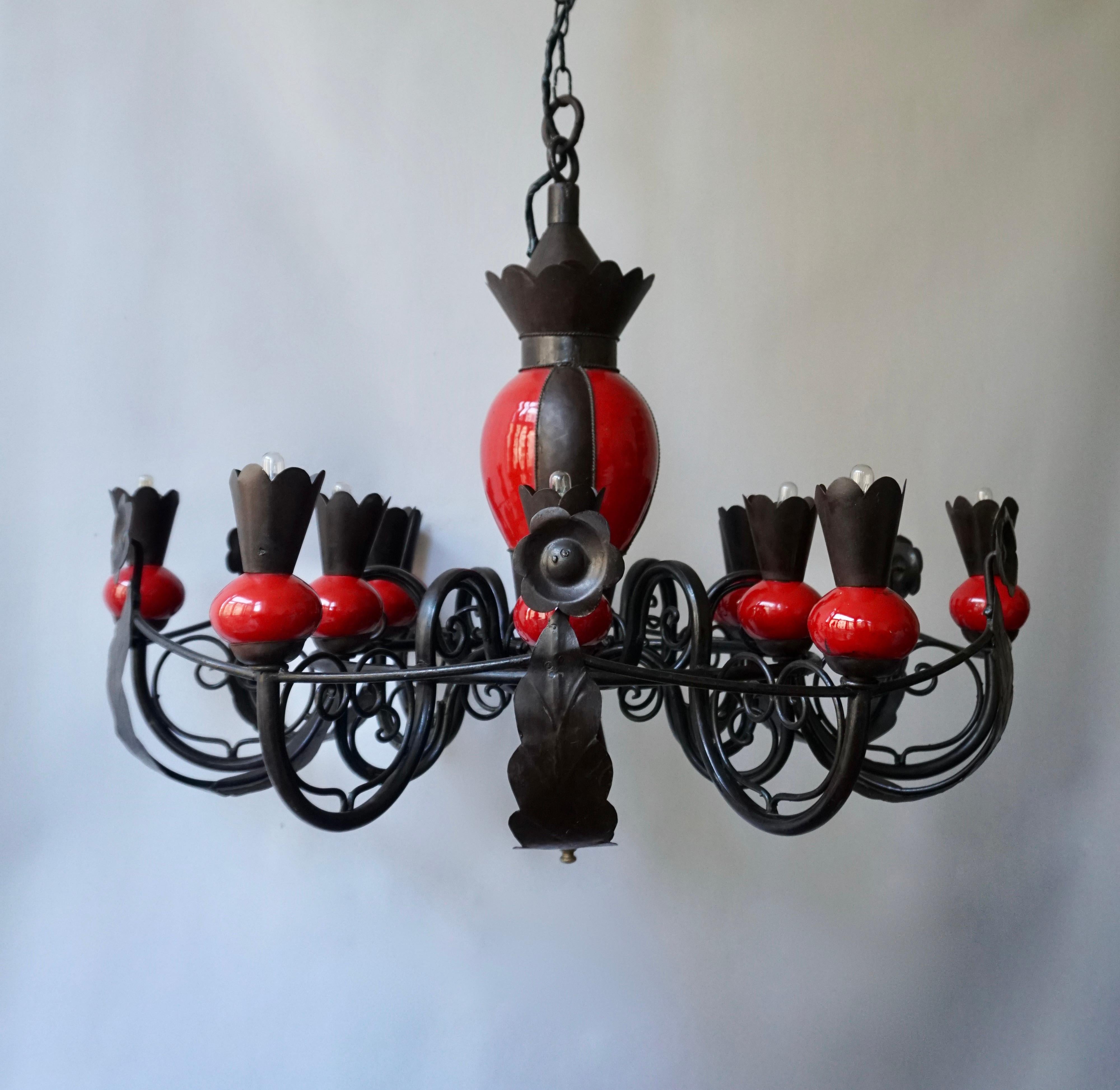 Beautiful Large 1950s Wrought Iron and Red Ceramic Chandelier In Good Condition For Sale In Antwerp, BE
