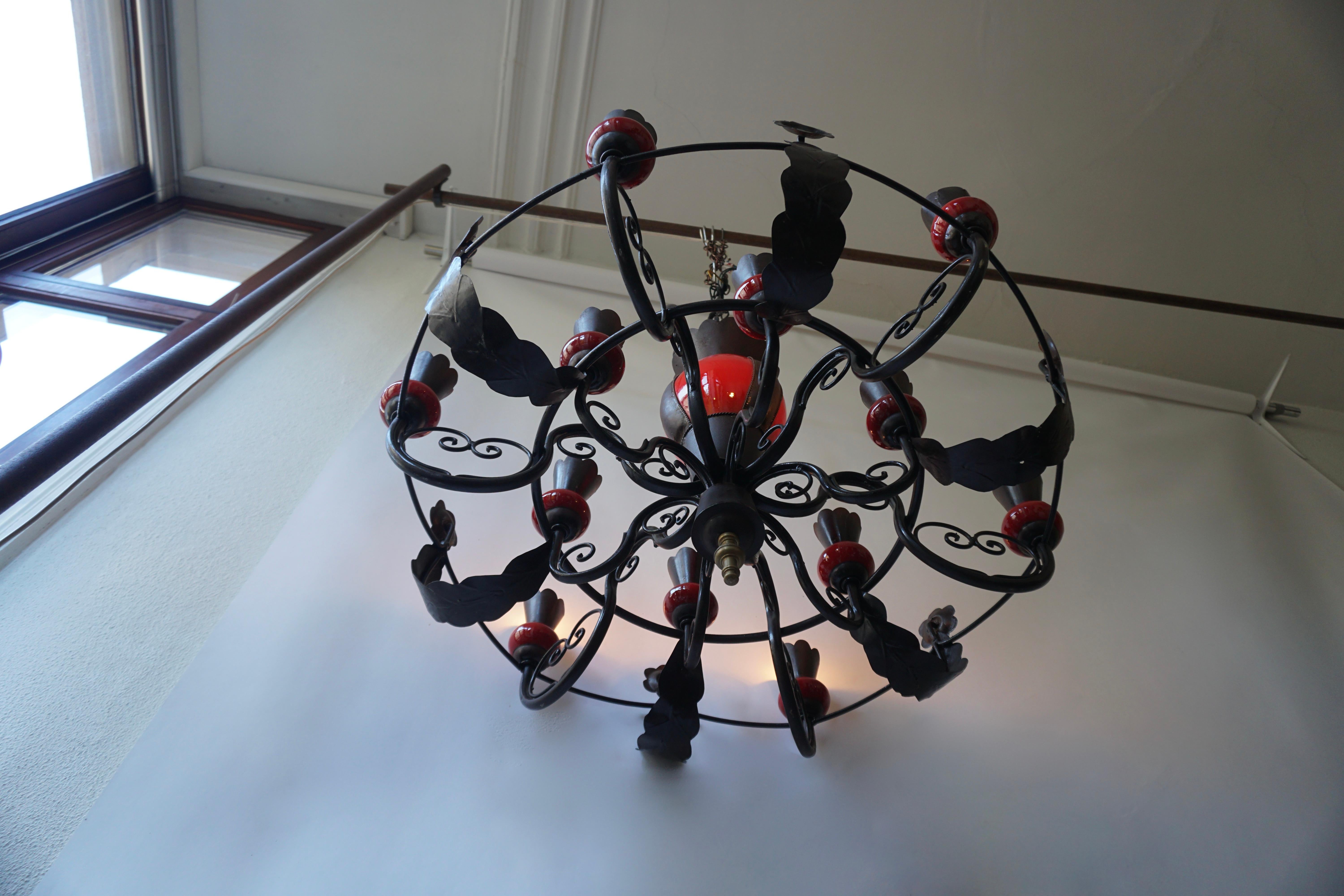 20th Century Beautiful Large 1950s Wrought Iron and Red Ceramic Chandelier For Sale
