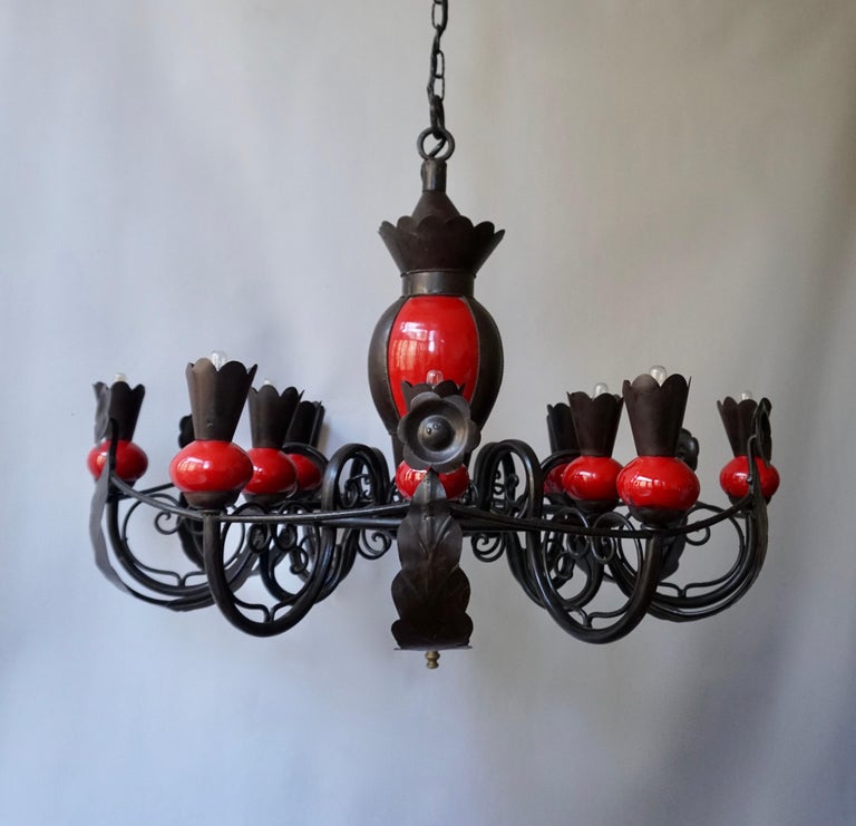 Beautiful Large 1950s Wrought Iron and Red Ceramic Chandelier For Sale 1