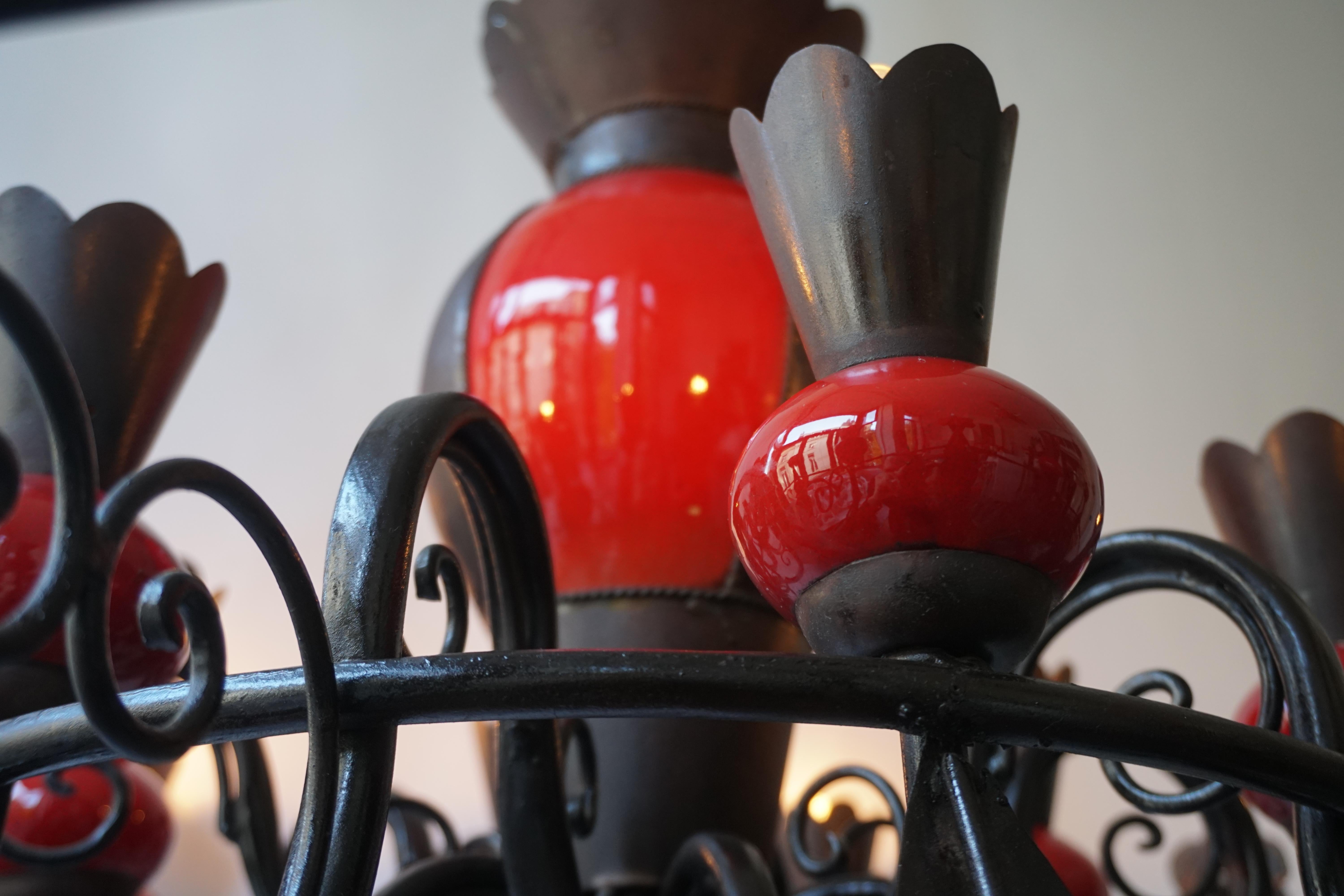 Beautiful Large 1950s Wrought Iron and Red Ceramic Chandelier For Sale 2