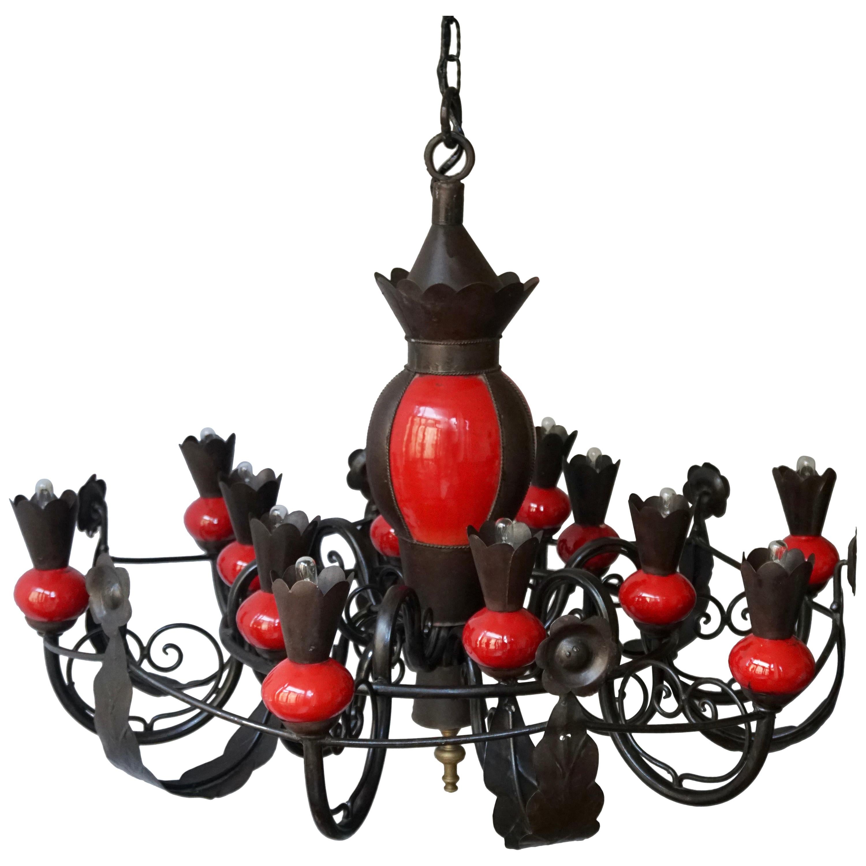 Beautiful Large 1950s Wrought Iron and Red Ceramic Chandelier For Sale
