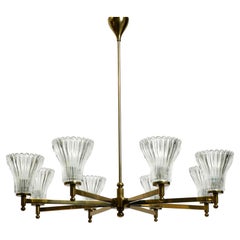 Beautiful large 1960s brass chandelier with glass shades by Kaiser Leuchten