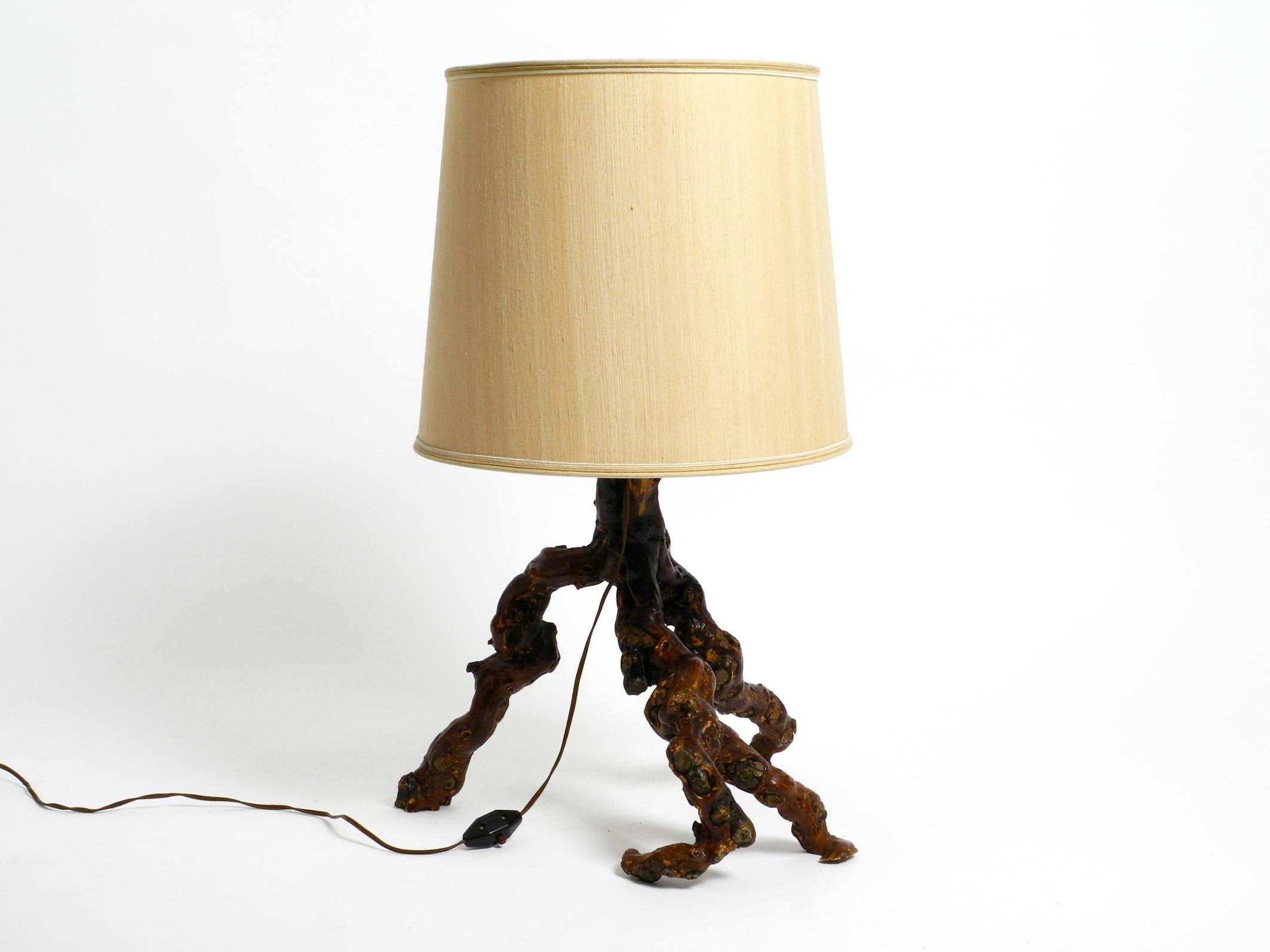 Mid-Century Modern Beautiful Large 1960's German Root Wood Table Lamp with a Large Silk Shade For Sale