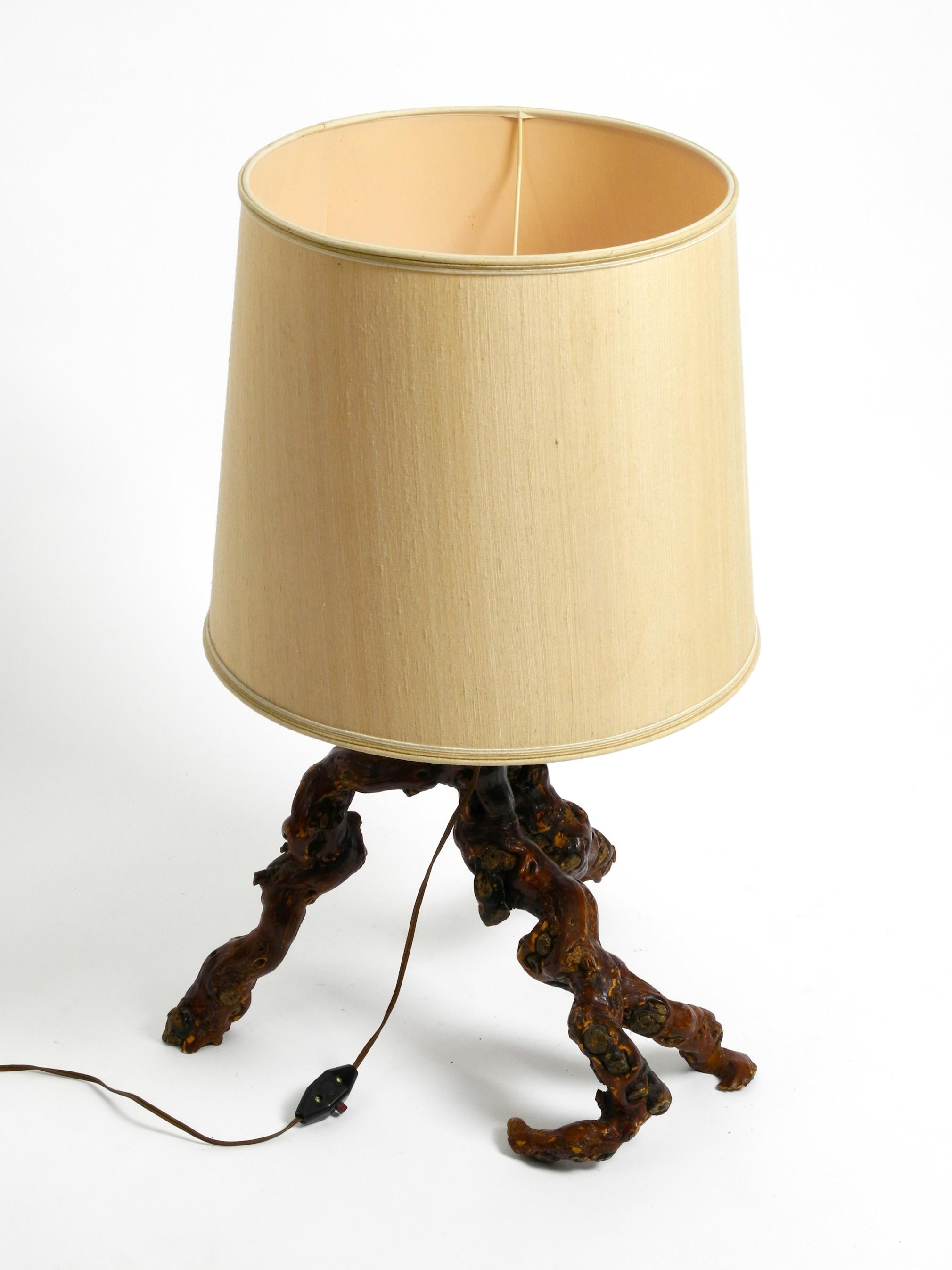 Beautiful Large 1960's German Root Wood Table Lamp with a Large Silk Shade For Sale 1