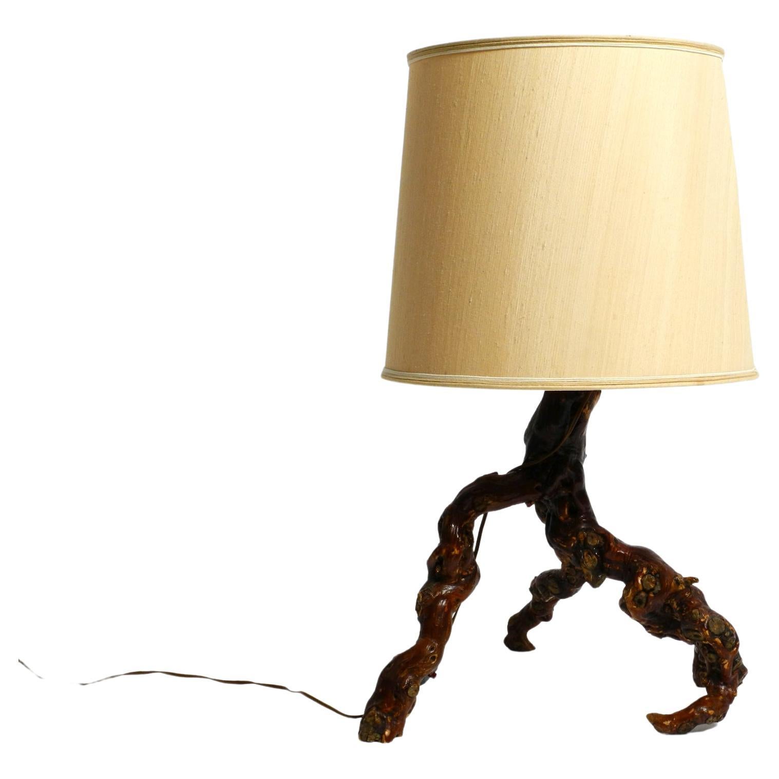 Beautiful Large 1960's German Root Wood Table Lamp with a Large Silk Shade  For Sale at 1stDibs