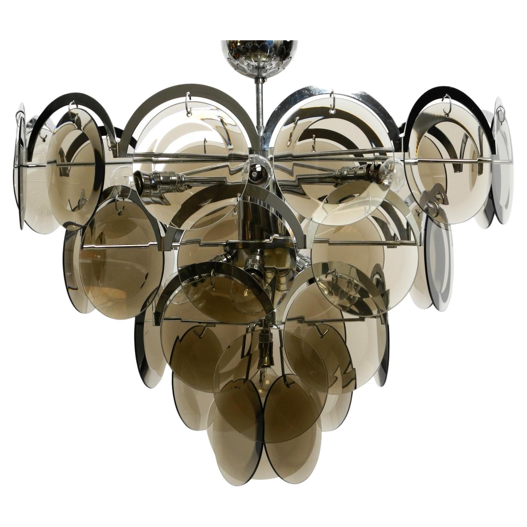 Beautiful large 1960s large chrome metal and glass disc ceiling chandelier For Sale