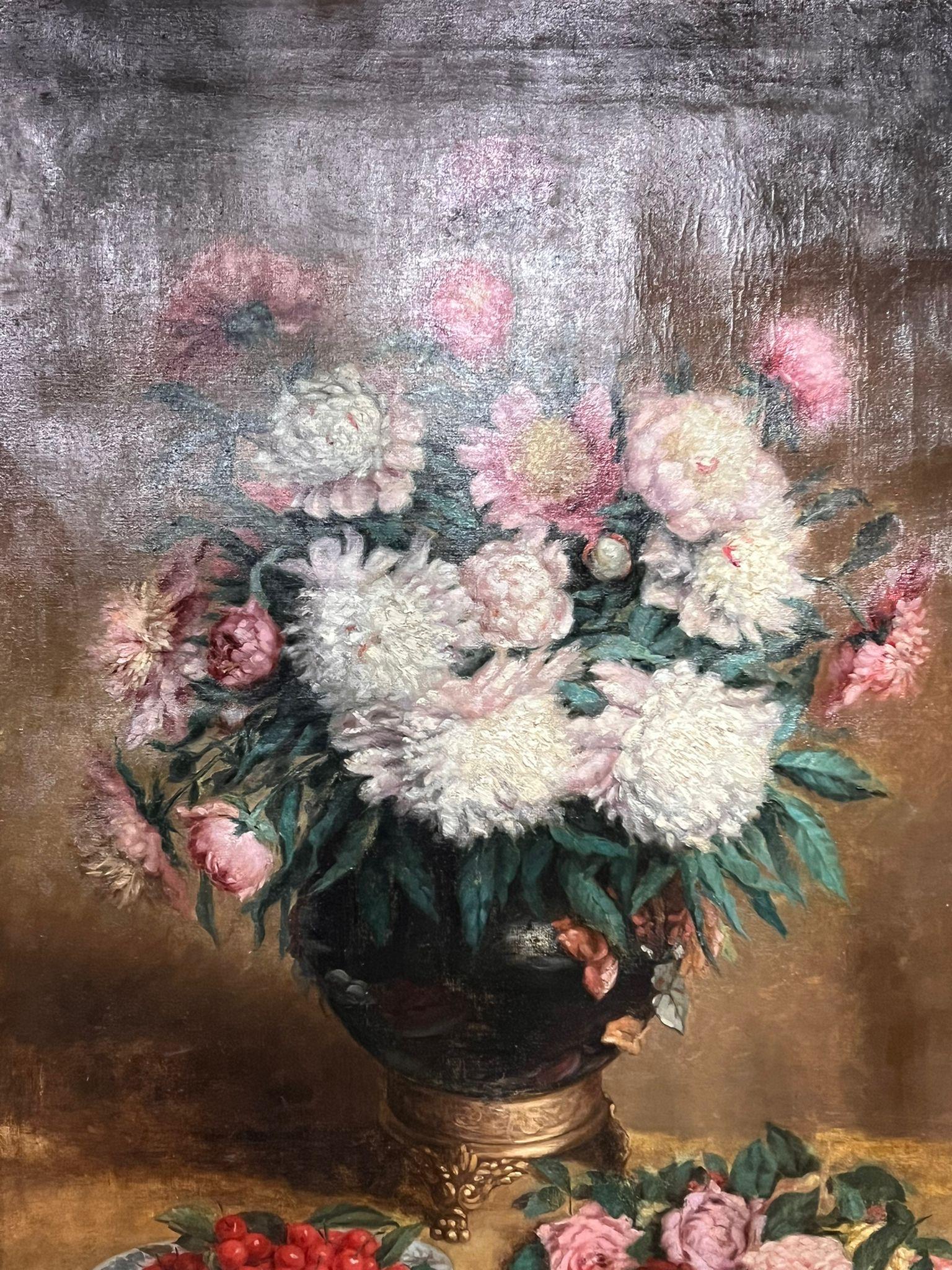 A wonderful large still life oil painting, originating from Belgium/France in the late 19th Century. Signed and dates bottom left. In excellent condition with no holes to canvas and the colours are bright and civid. 
Height 157 cm
Width 120