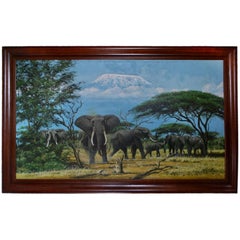 Beautiful Large African Painting from Tanzania with Kilimanjaro in the Back