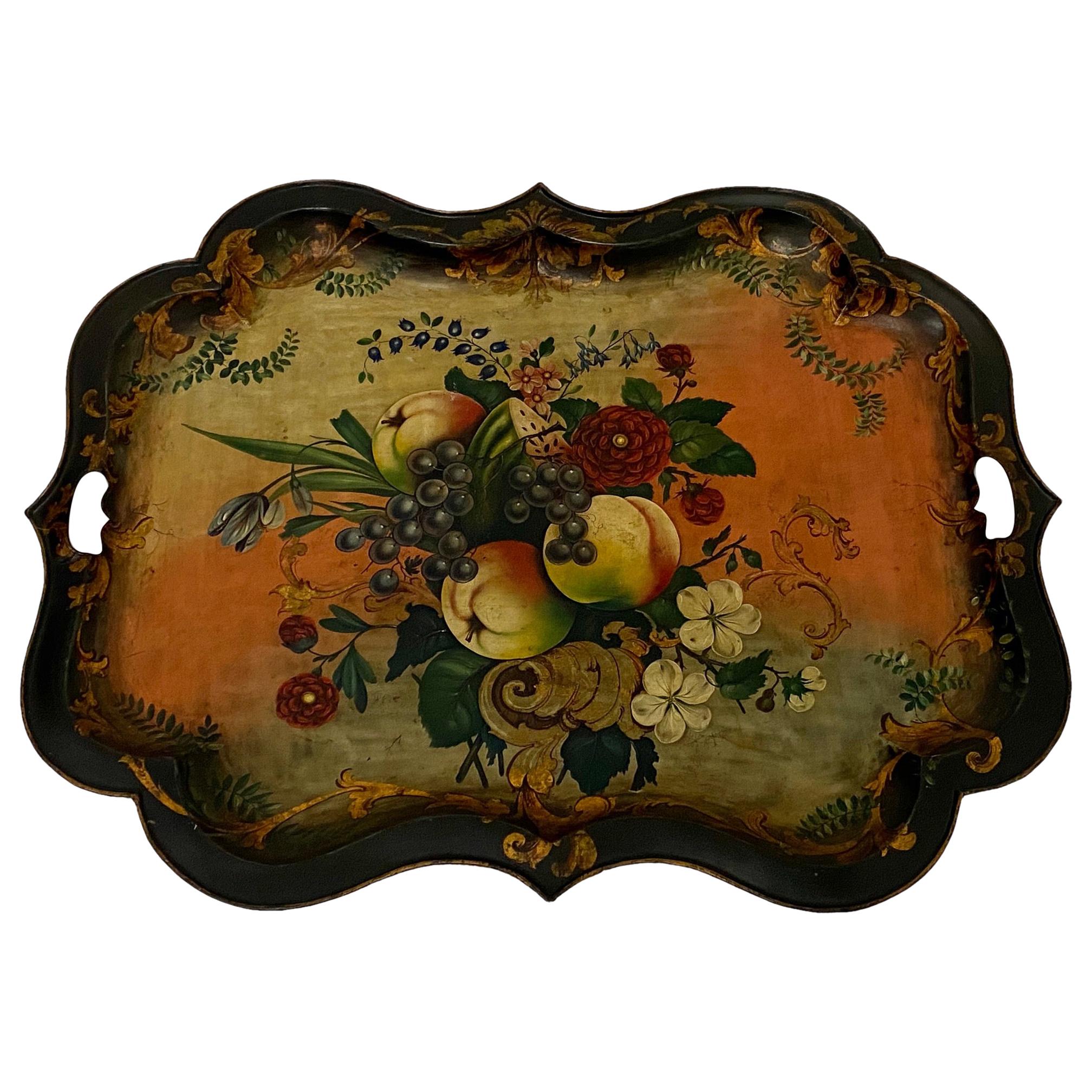 Beautiful Large Antique European Hand Painted Tole Tray