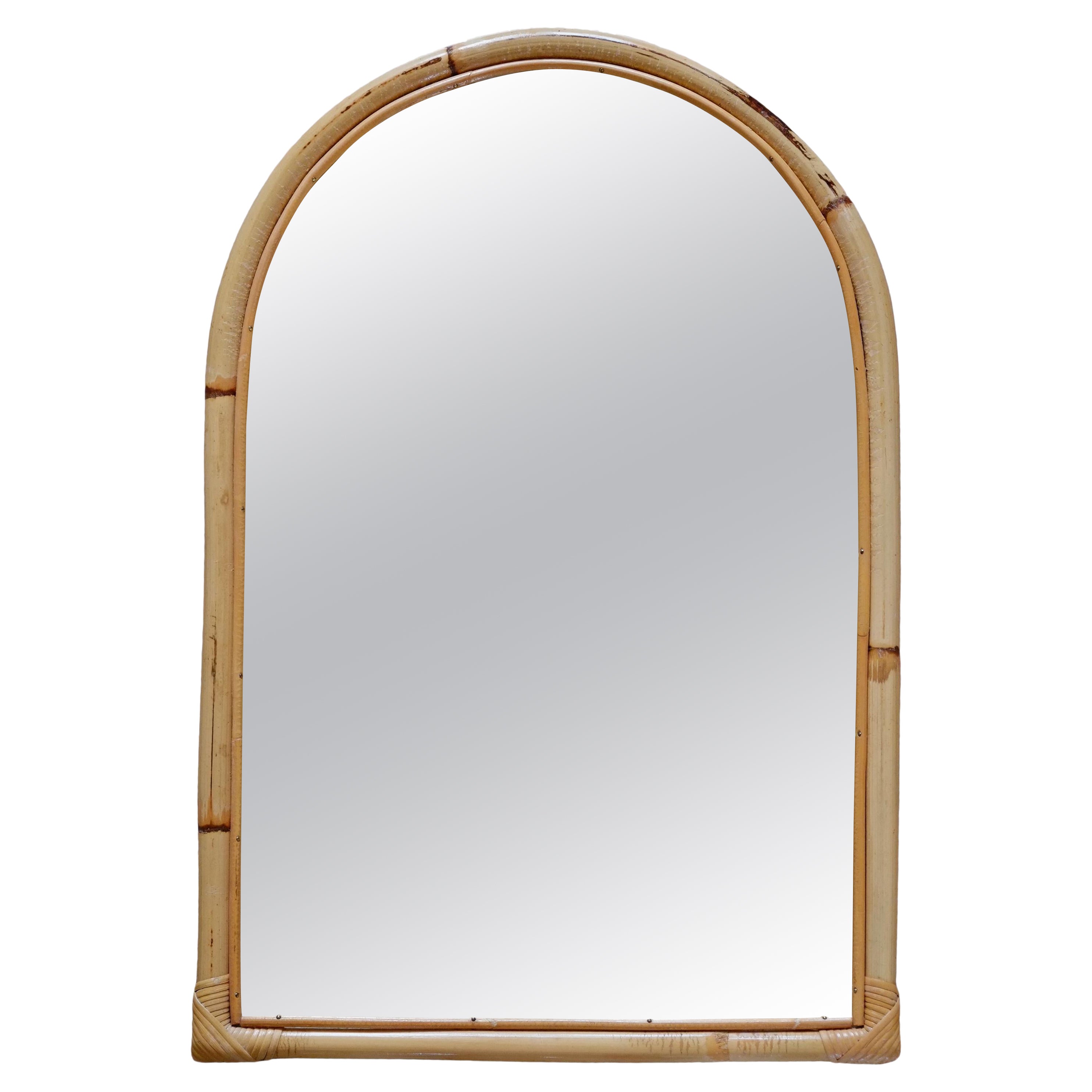 Magnifique grand miroir en bambou de style Riviera française du milieu du siècle