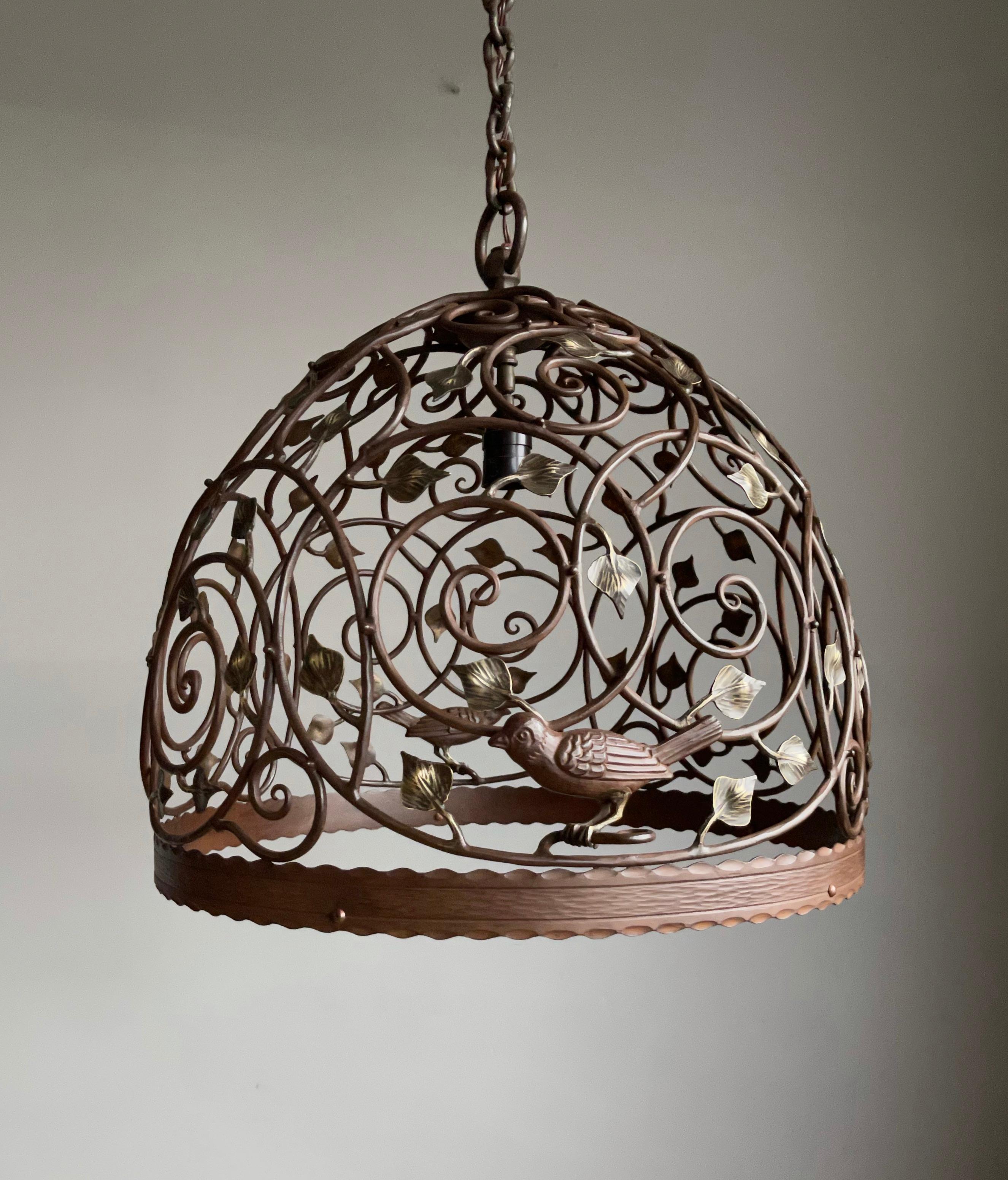 Beautiful Large Arts and Crafts Wrought Iron & Bronze Pendant Light / Chandelier 5