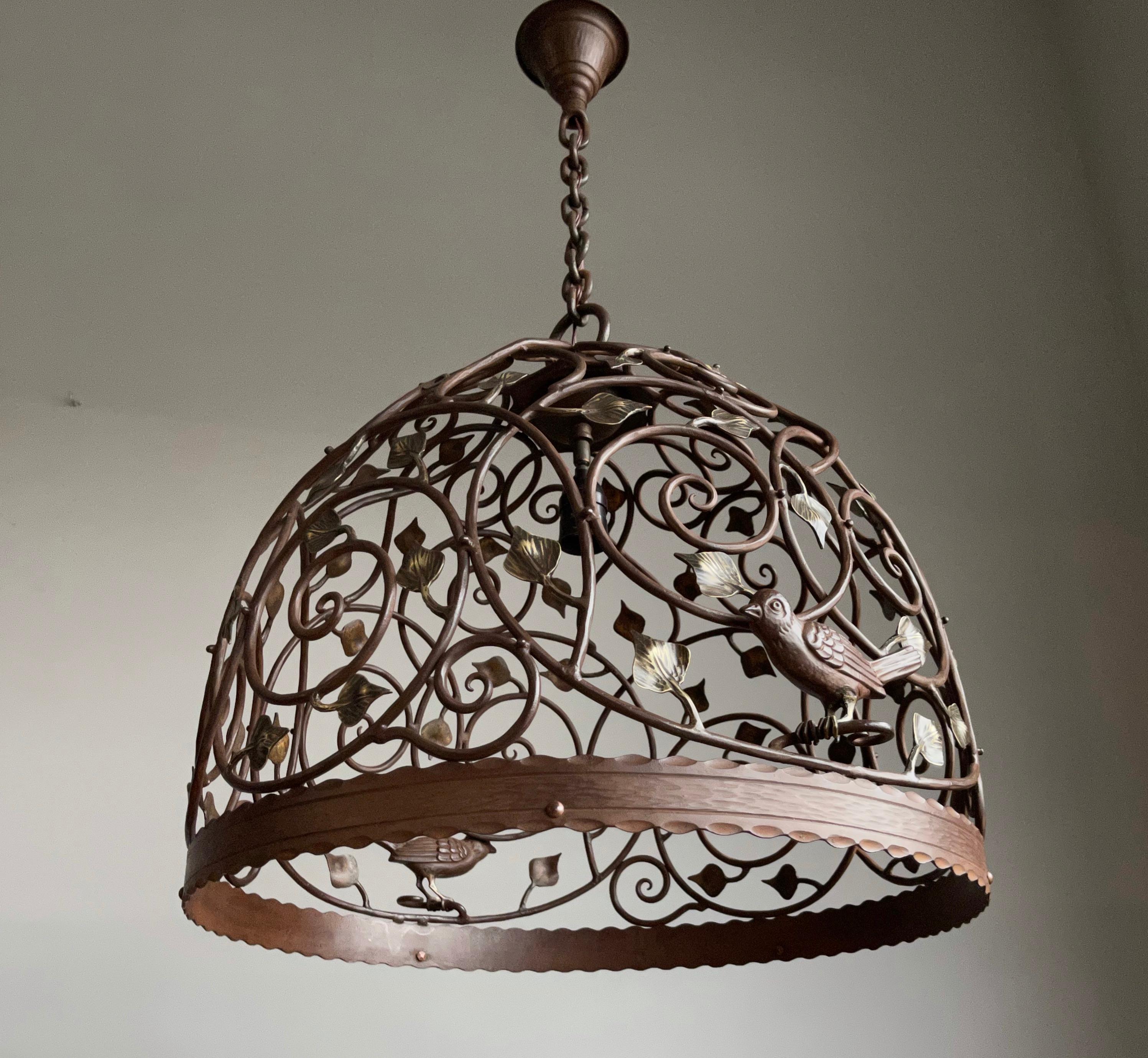 Beautiful Large Arts and Crafts Wrought Iron & Bronze Pendant Light / Chandelier 8