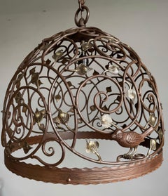 Beautiful Large Arts and Crafts Wrought Iron & Bronze Pendant Light / Chandelier