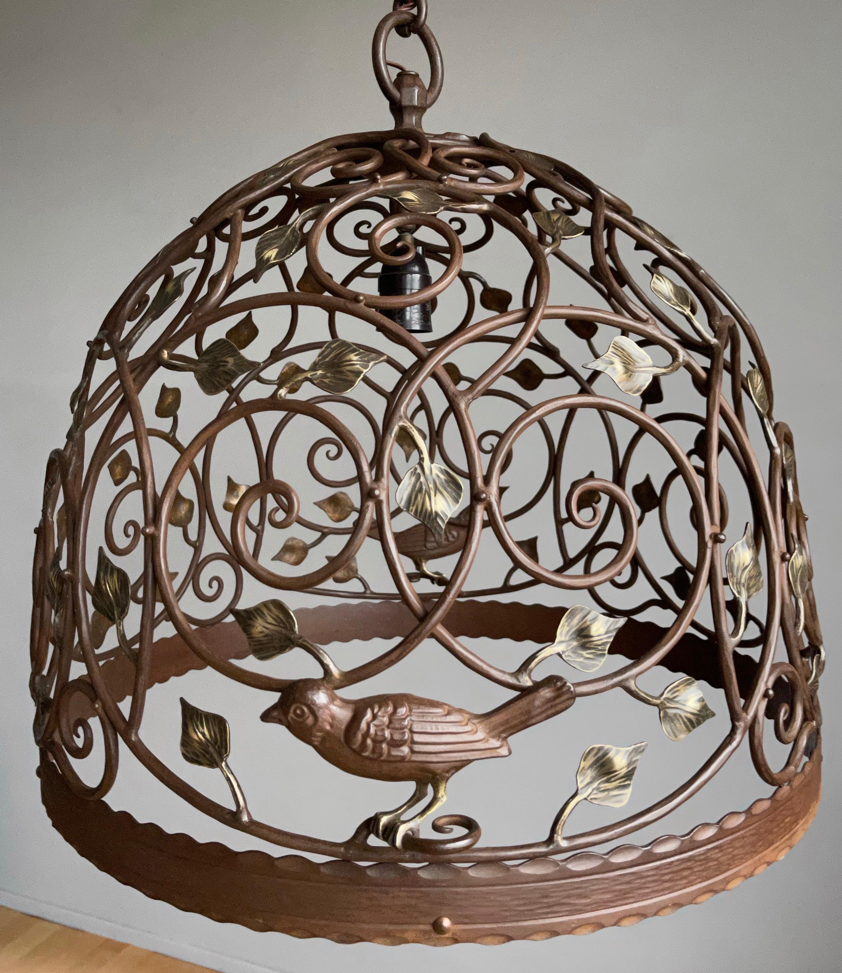 20th Century Beautiful Large Arts and Crafts Wrought Iron & Bronze Pendant Light / Chandelier