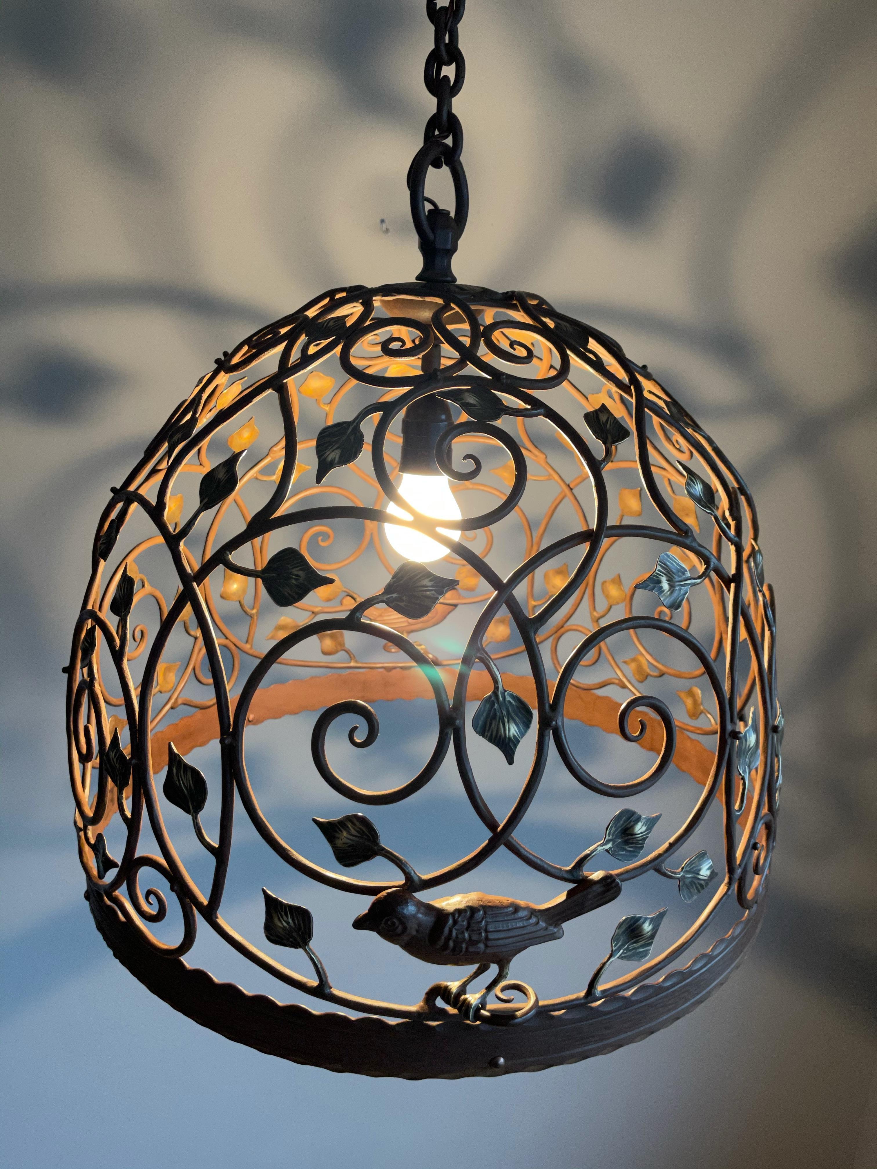 Beautiful Large Arts and Crafts Wrought Iron & Bronze Pendant Light / Chandelier 1