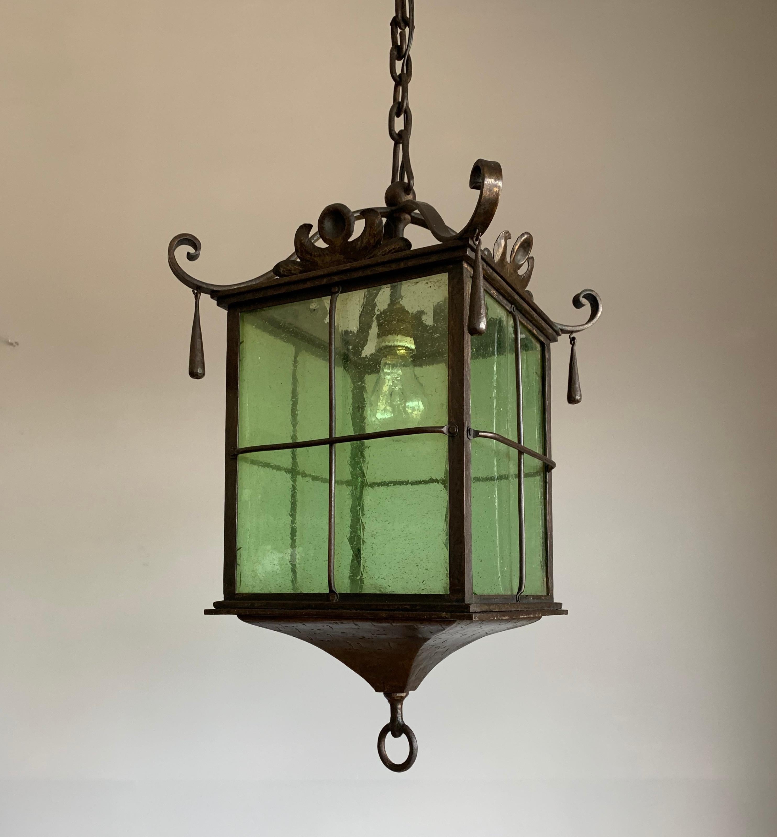 Beautiful Large Arts & Crafts Wrought Iron and Cathedral Glass Lantern / Pendant 6