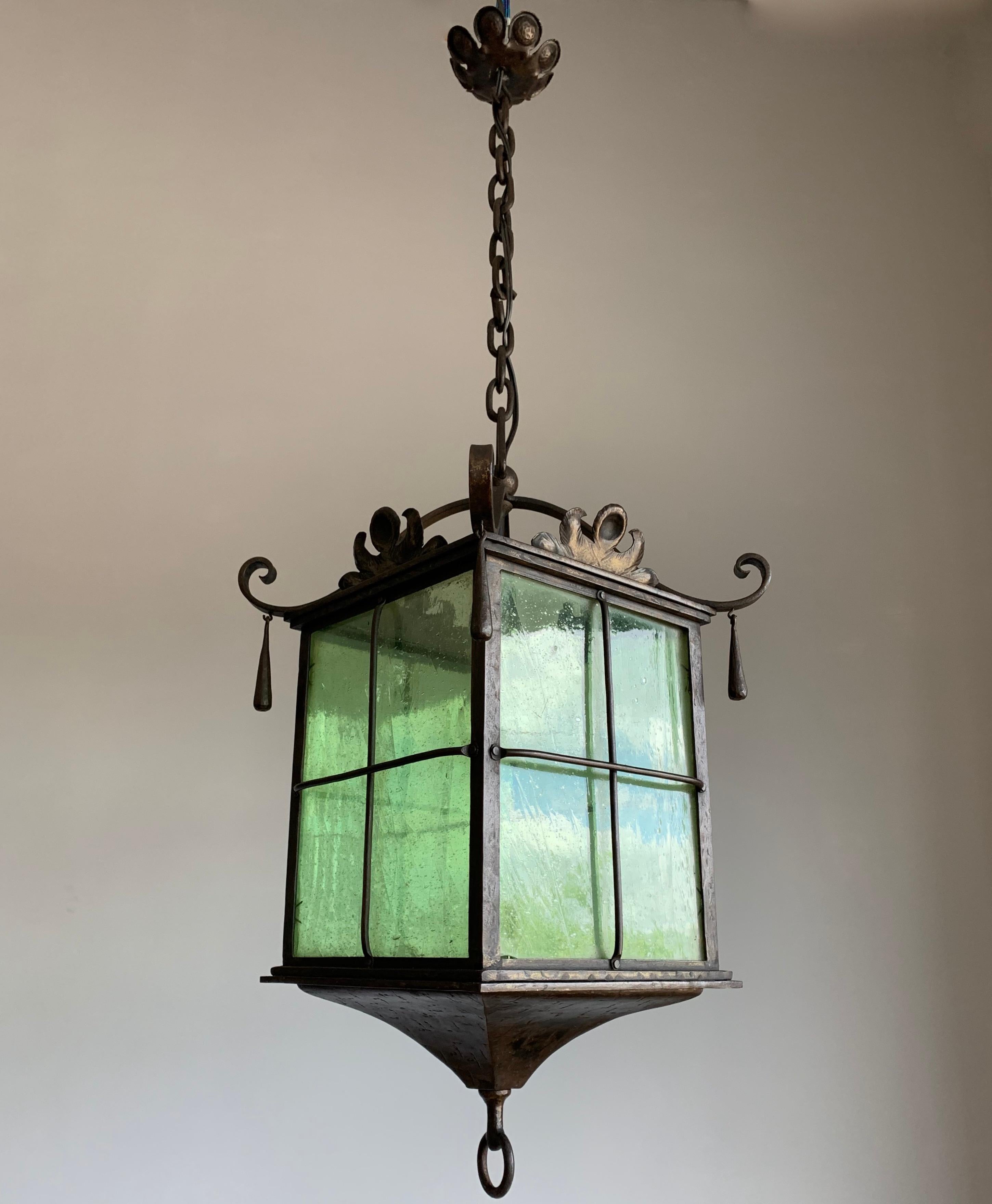 Beautiful Large Arts & Crafts Wrought Iron and Cathedral Glass Lantern / Pendant 7