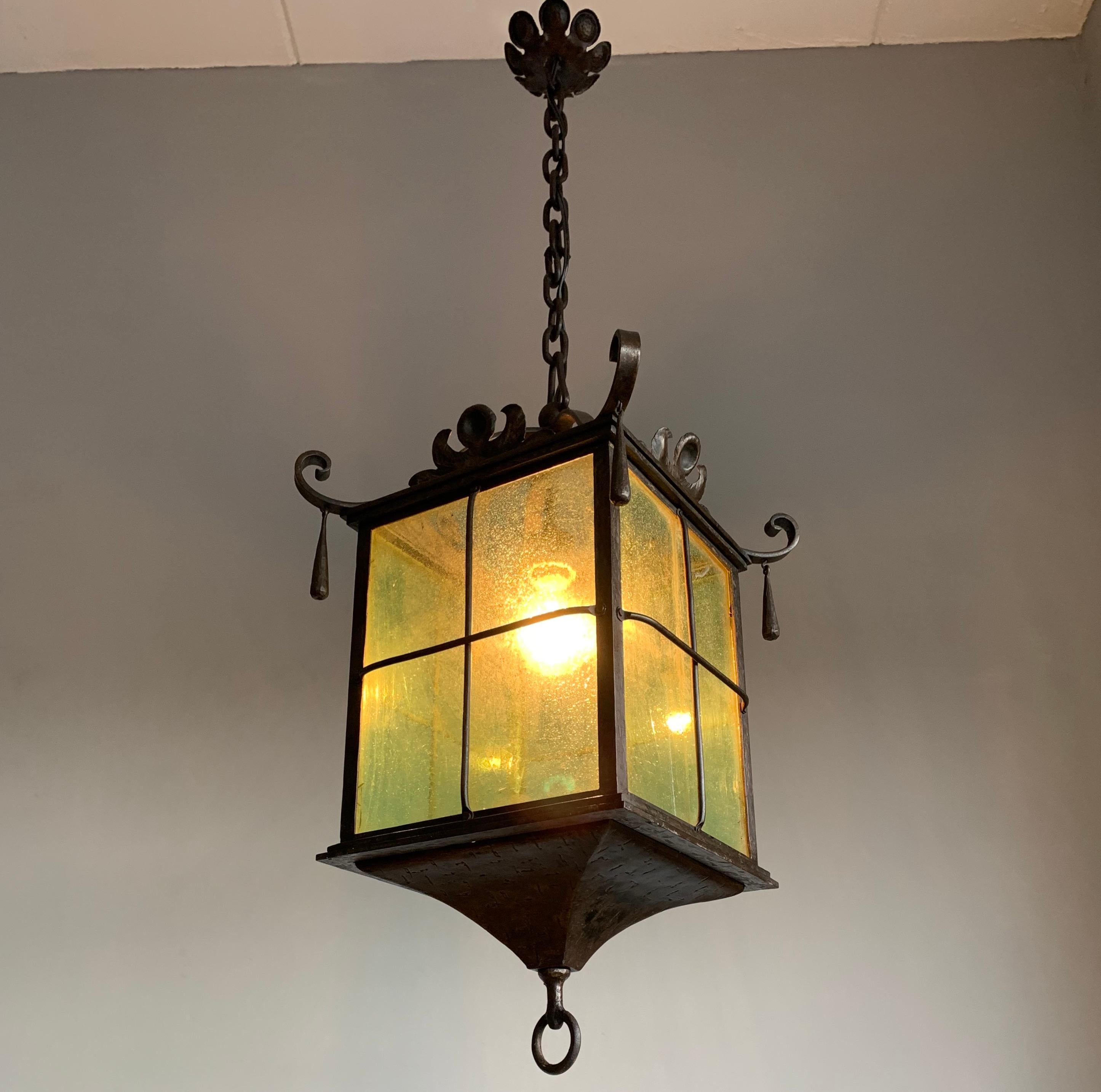 Beautiful Large Arts & Crafts Wrought Iron and Cathedral Glass Lantern / Pendant 8